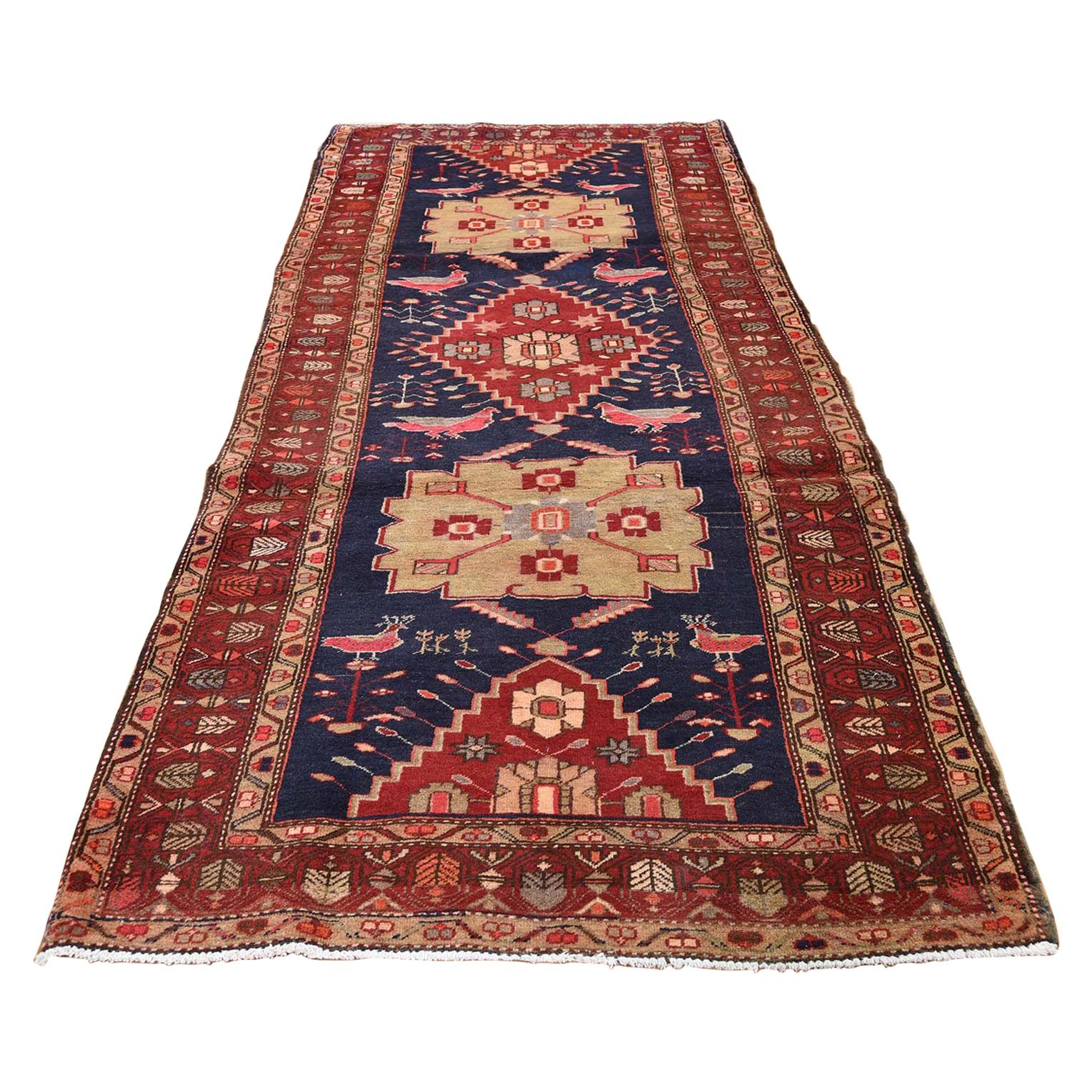 Red Vintage North West Persian with Peacocks & Birds Wide Runner Hand Knotted Or
