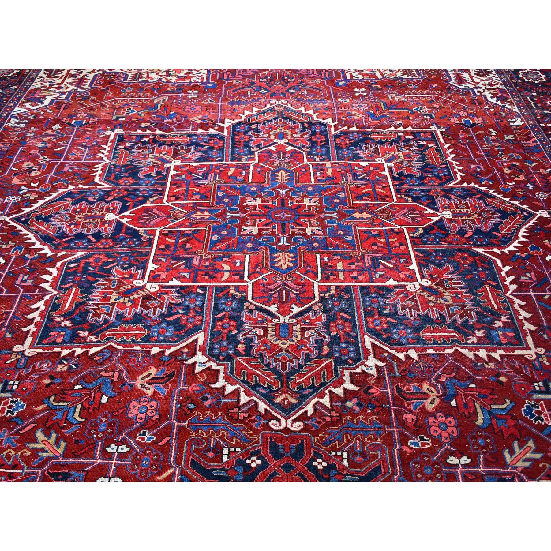 Hand-Knotted Red Vintage Oversized Persian Heriz Slight Wear Hand Knotted Wool Rug