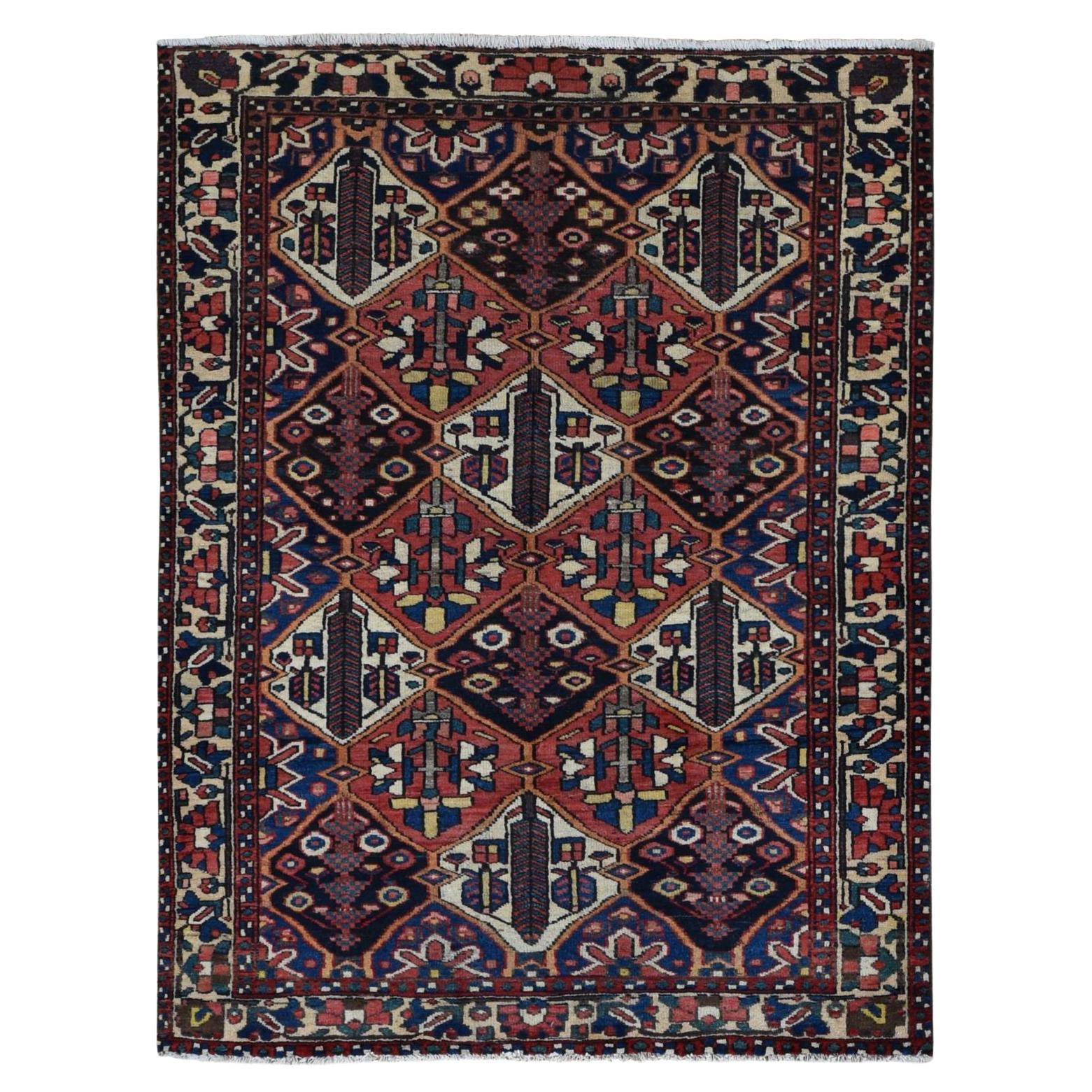 Red Vintage Persian Bakhtiar Garden Design Full Pile and Clean Hand Knotted Rug