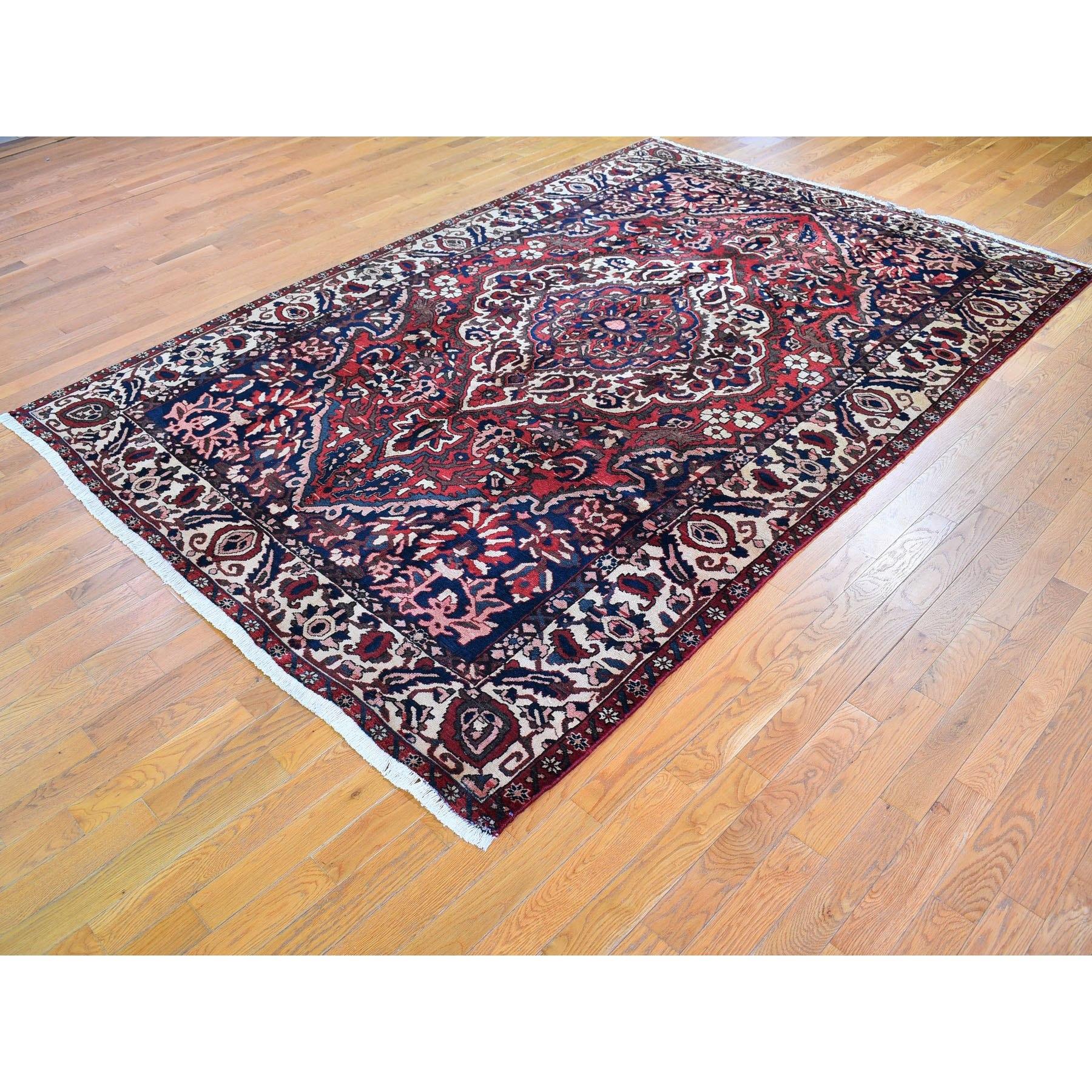 Hand-Knotted Red Vintage Persian Bakhtiar Good Condition Abrash Pure Wool Hand Knotted Rug For Sale
