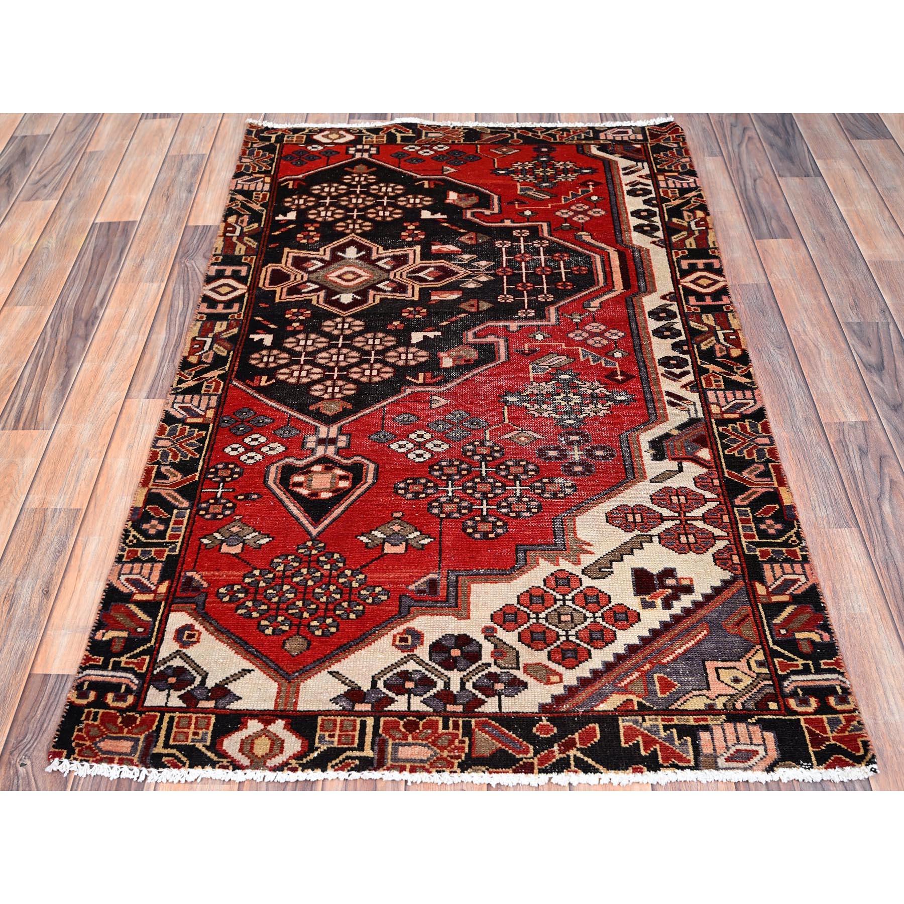 Medieval Red Vintage Persian Bakhtiari Cleaned Evenly Worn Wool Hand Knotted Rustic Rug For Sale