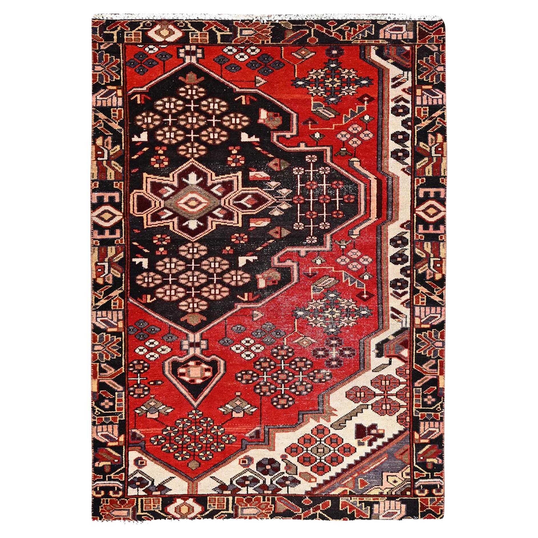 Red Vintage Persian Bakhtiari Cleaned Evenly Worn Wool Hand Knotted Rustic Rug For Sale