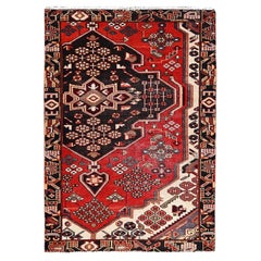 Red Retro Persian Bakhtiari Cleaned Evenly Worn Wool Hand Knotted Rustic Rug