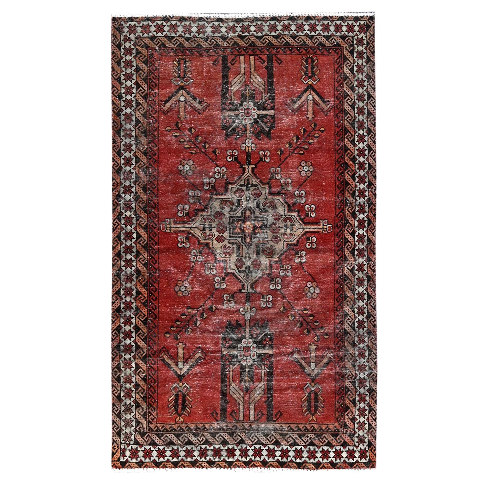 Red Vintage Persian Baluch Rustic Evenly Worn Pure Wool Hand Knotted Clean Rug For Sale
