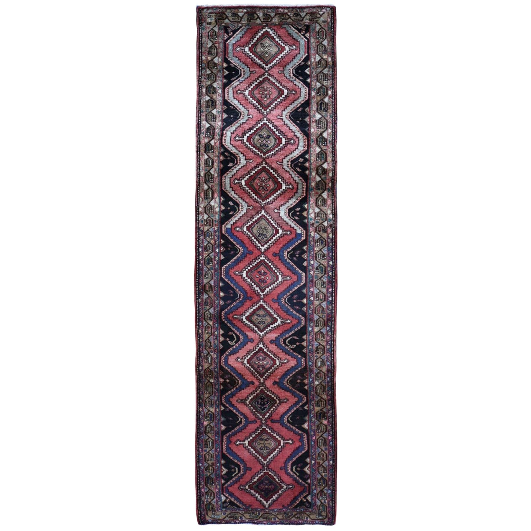 Red Vintage Persian Hamadan Abrash Full Pile Runner Hand Knotted Oriental Rug