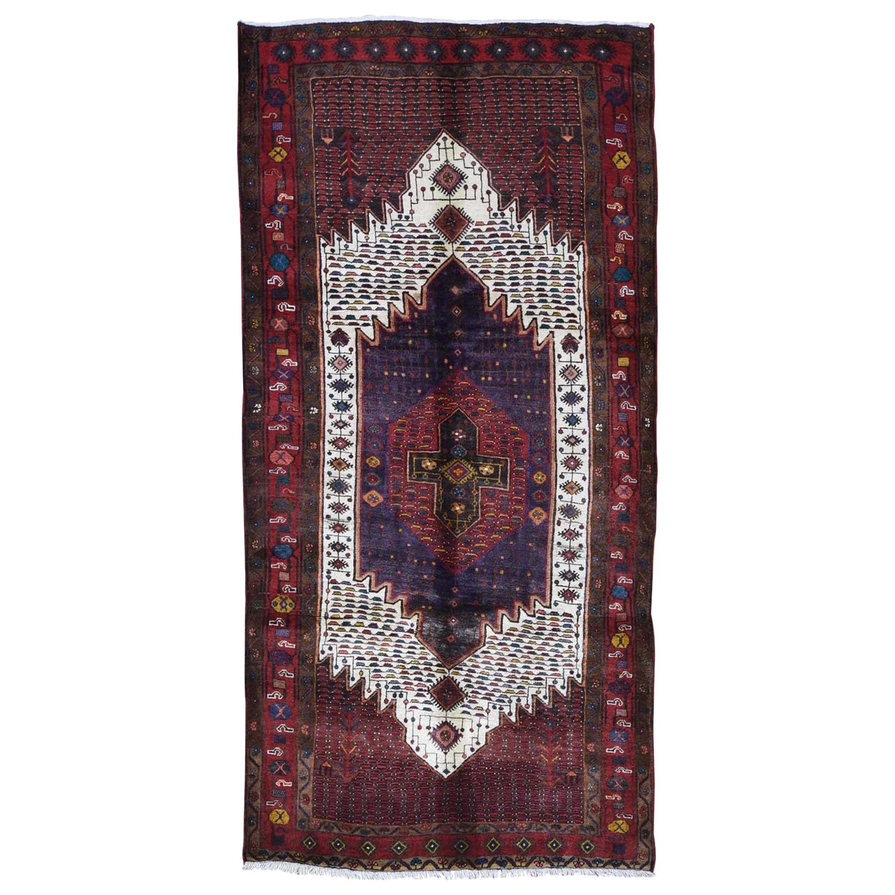 Red Vintage Persian Hamadan Clean Full Pile But Skewed Wool Hand Knotted Rug