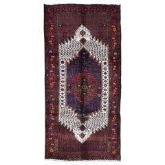 Tapis persan rouge vintage Hamadan à poils complets propres mais en laine tricotée à la main
