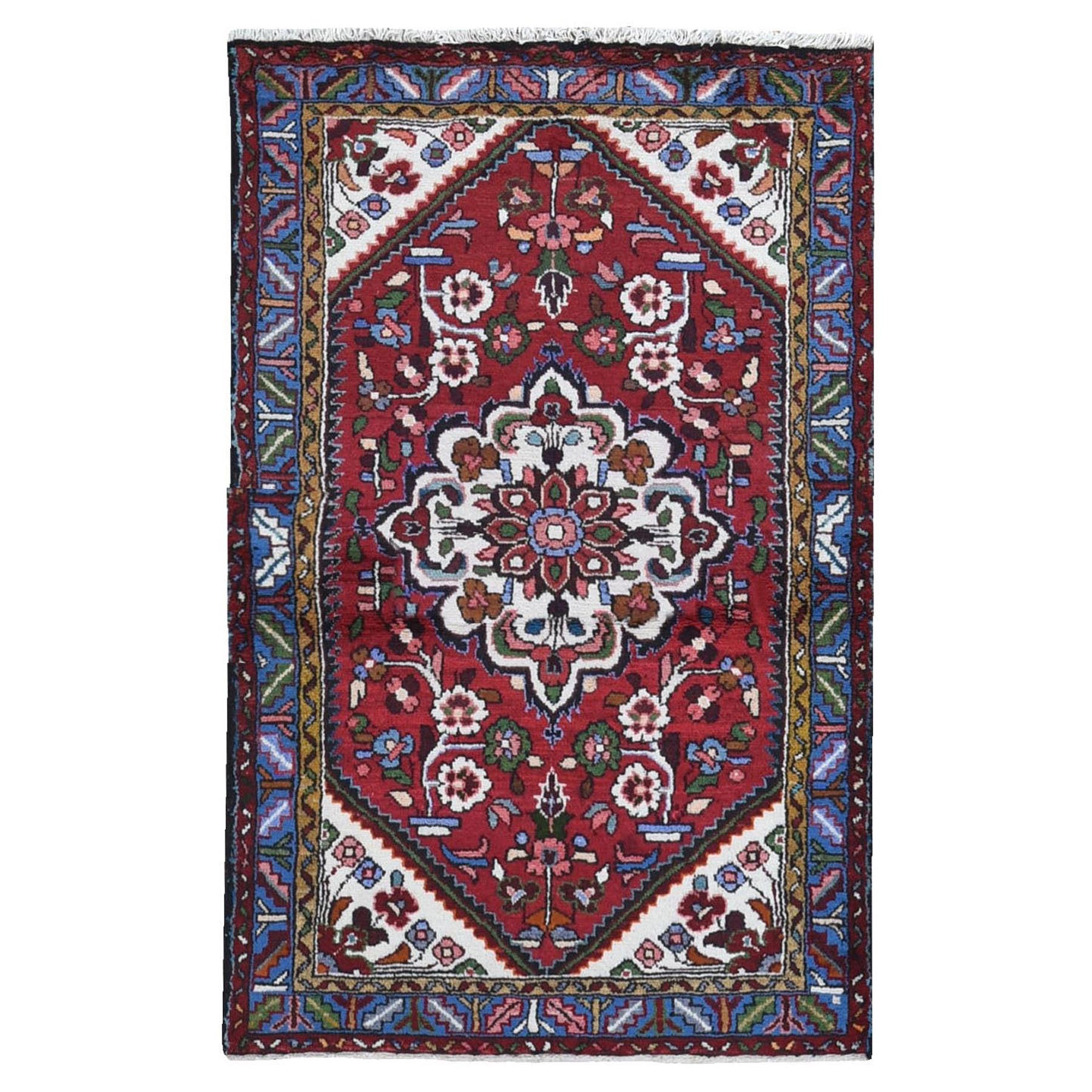 Red Vintage Persian Hamadan Flower Design Pure Wool Hand Knotted Oriental Rug For Sale