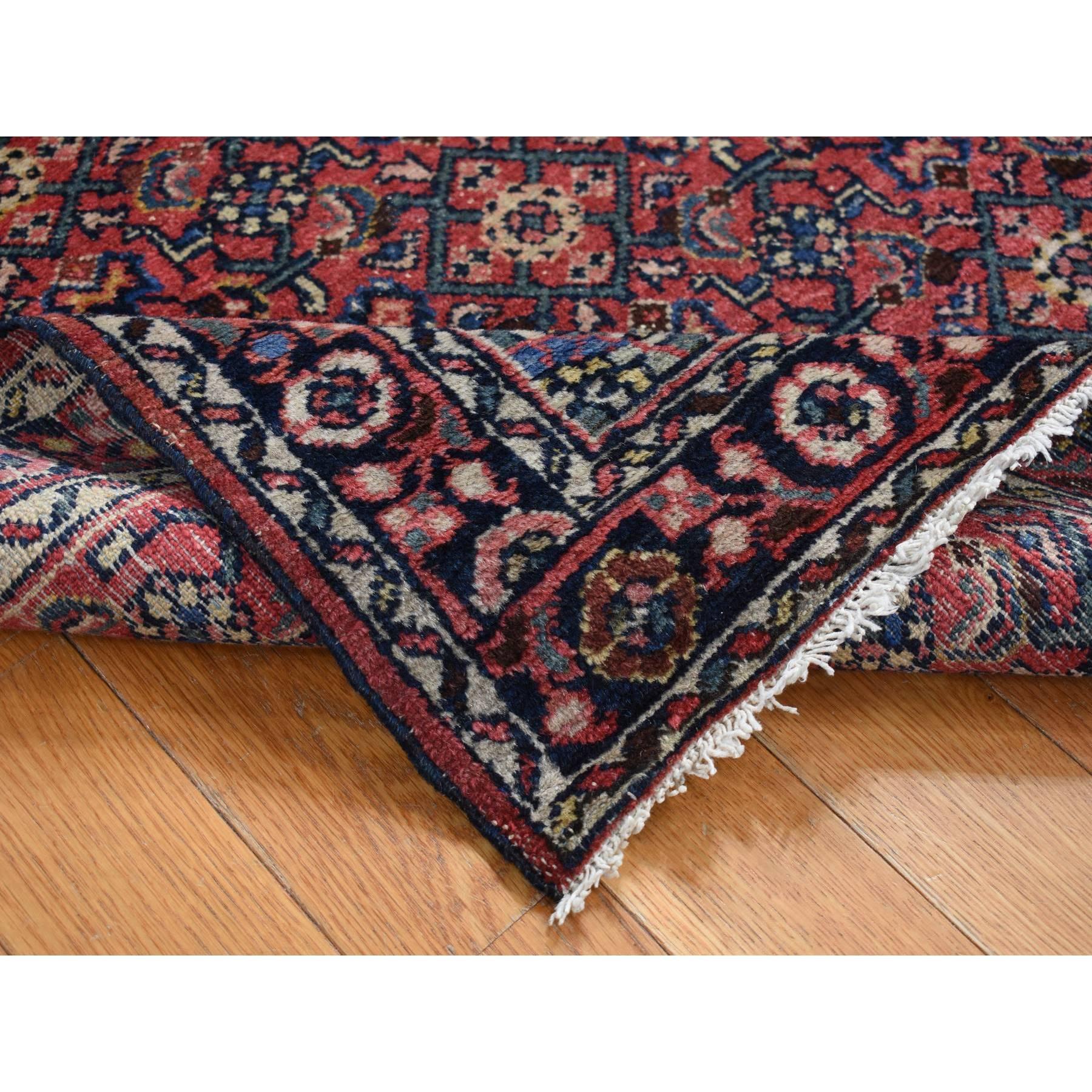 Hand-Knotted Red Vintage Persian Hamadan Some Wear Clean Pure Wool Hand Knotted Runner Rug