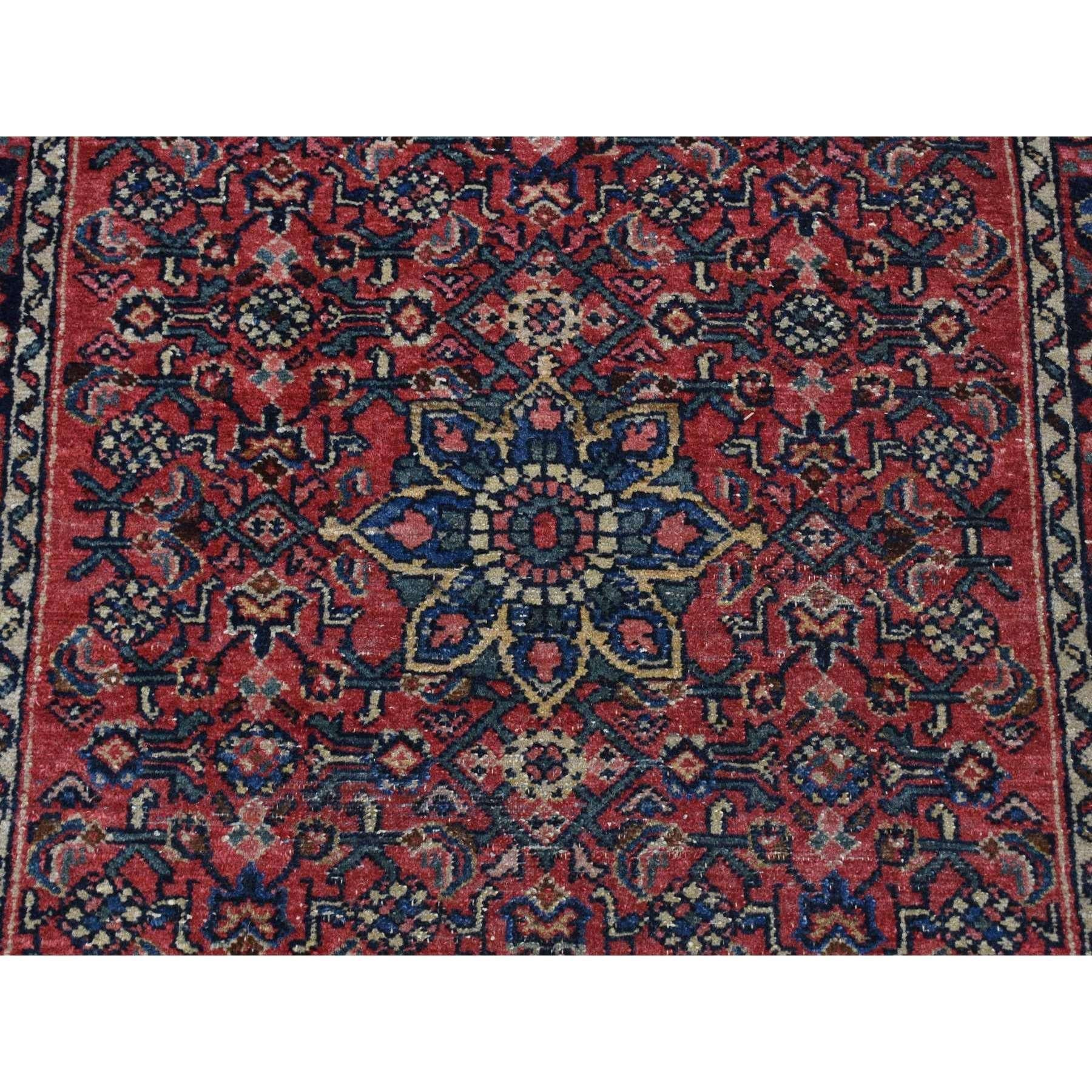 Mid-20th Century Red Vintage Persian Hamadan Some Wear Clean Pure Wool Hand Knotted Runner Rug