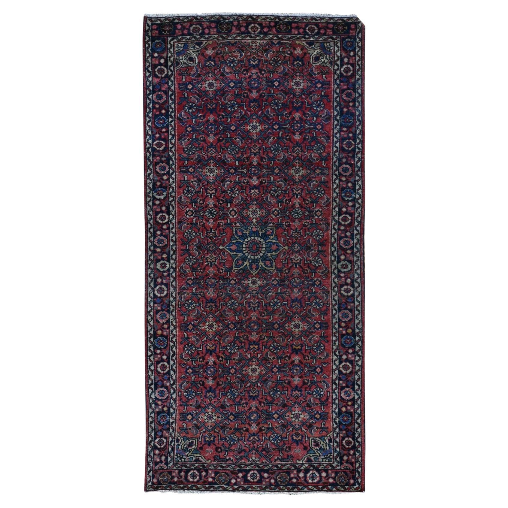 Red Vintage Persian Hamadan Some Wear Clean Pure Wool Hand Knotted Runner Rug