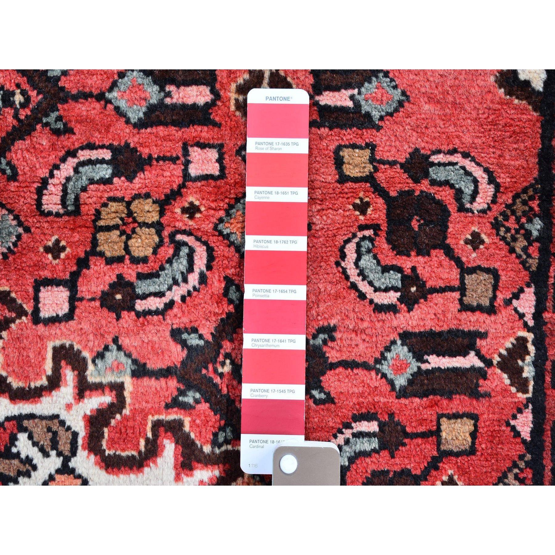 Medieval Red Vintage Persian Hamadan with Flower Design Full Pile Wool Hand Knotted Rug For Sale