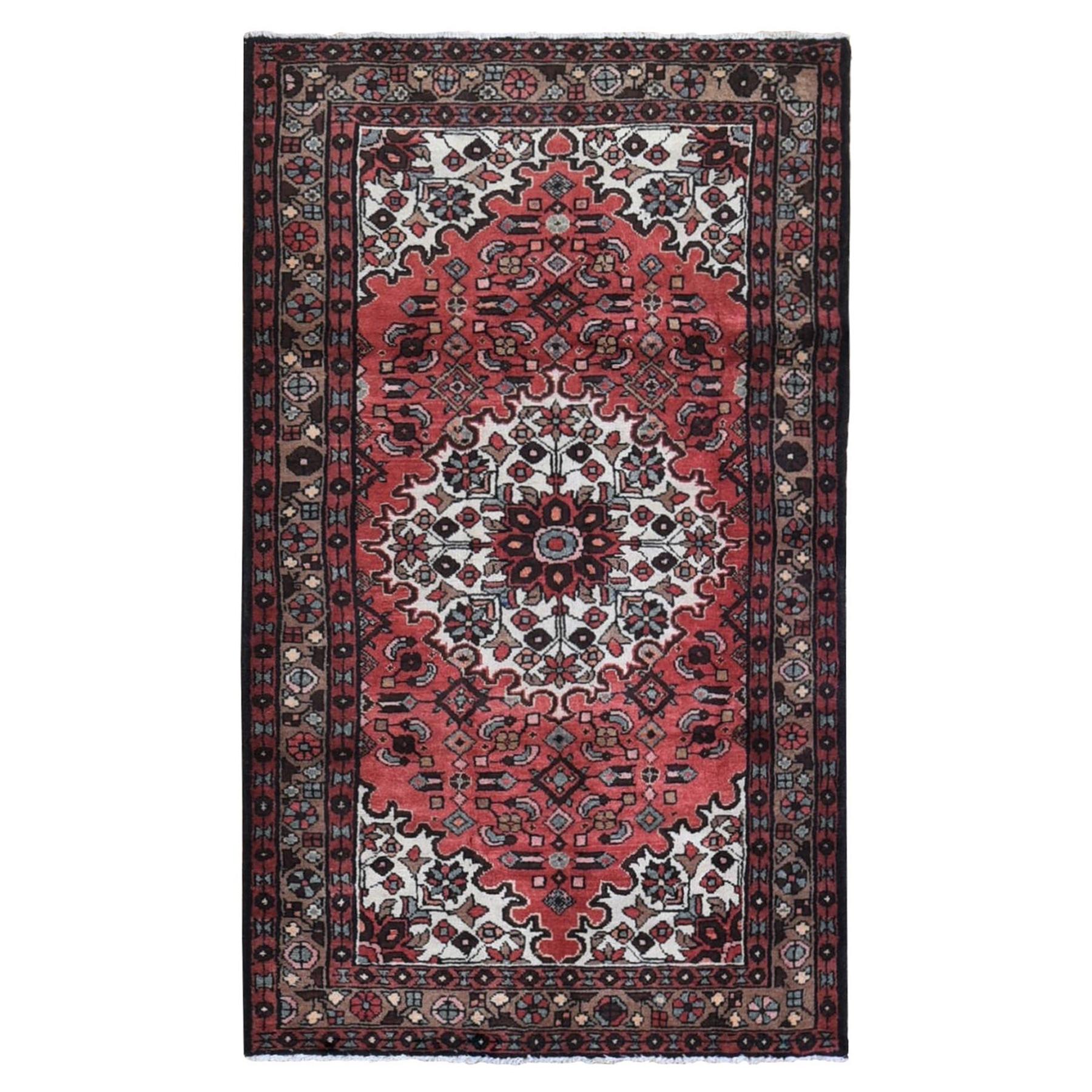 Red Vintage Persian Hamadan with Flower Design Full Pile Wool Hand Knotted Rug For Sale