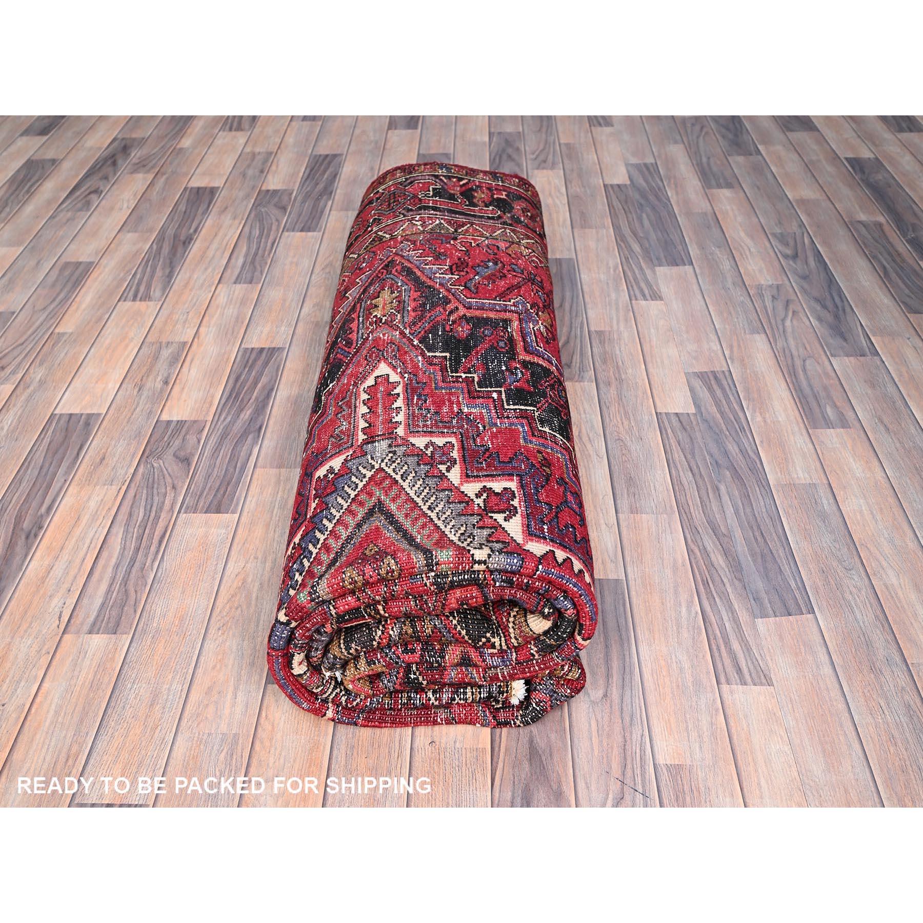 Red Vintage Persian Hand knotted Heriz Distressed Clean Pure Wool Oriental Rug For Sale 4