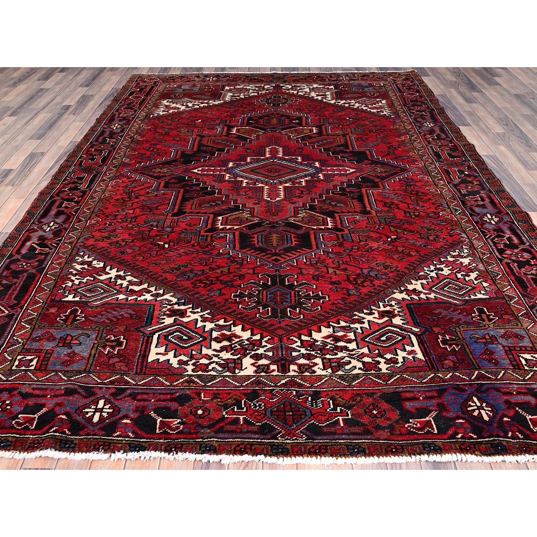 Medieval Red Vintage Persian Hand knotted Heriz Distressed Clean Pure Wool Oriental Rug For Sale