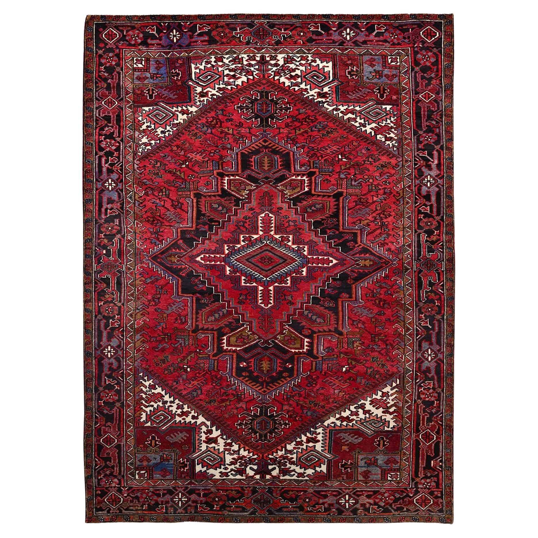 Persischer handgeknüpfter Heriz Distressed Orientalischer Teppich aus reiner Wolle in Rot, Vintage