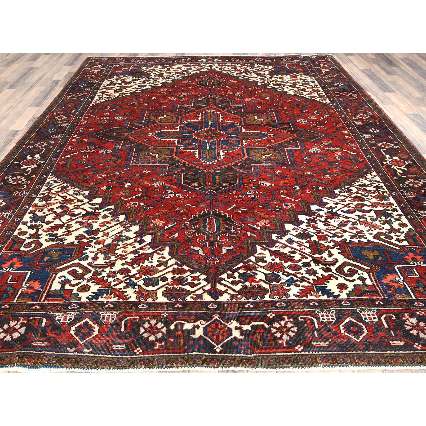 Heriz Serapi Red Vintage Persian Heriz Abrash Hand Knotted Good Cond Worn Wool Cleaned Rug For Sale