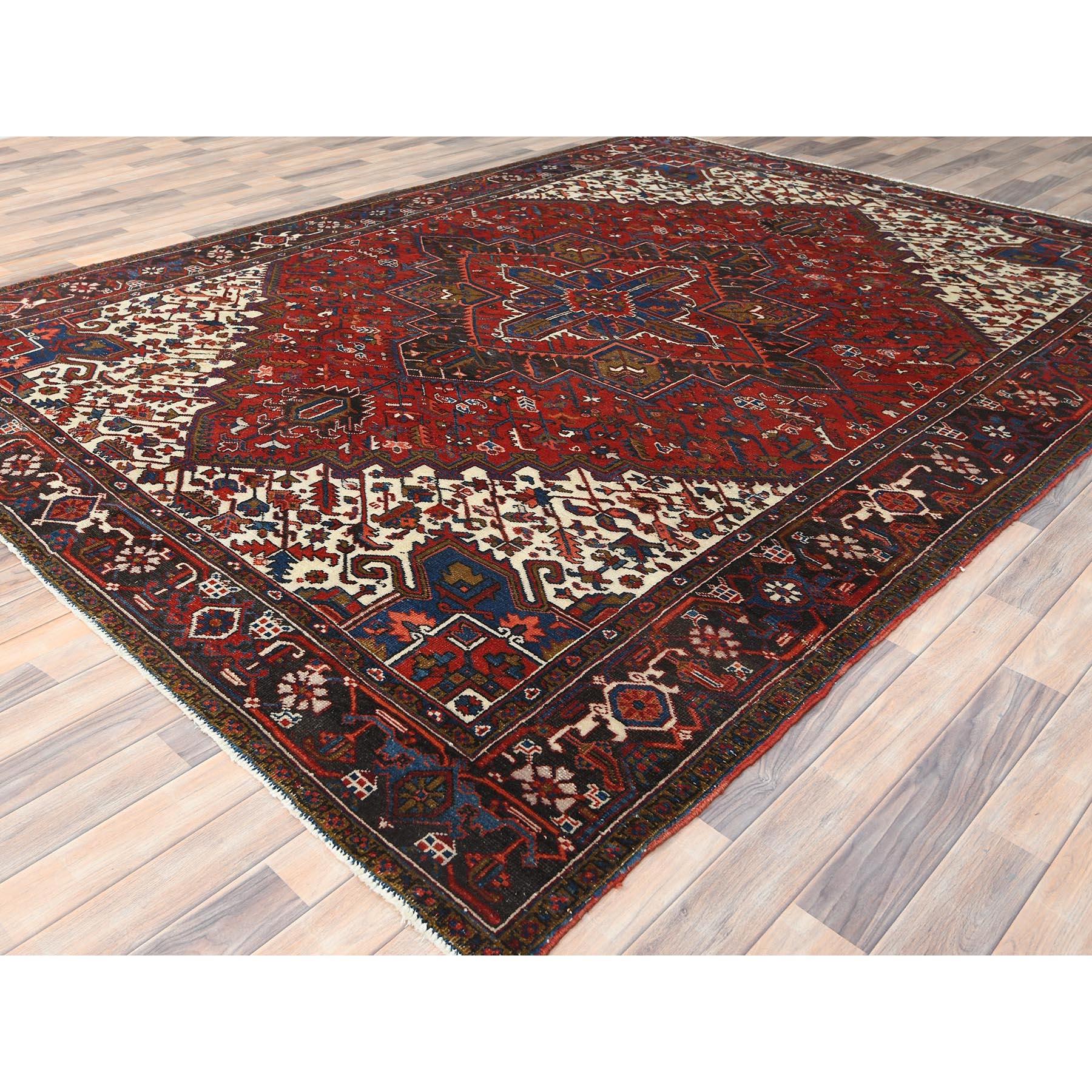 Hand-Knotted Red Vintage Persian Heriz Abrash Hand Knotted Good Cond Worn Wool Cleaned Rug For Sale