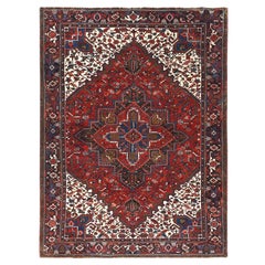 Persischer Heriz Abrash Handgeknüpfter, gut getragener, gewaschener, roter Vintage-Teppich aus Wolle