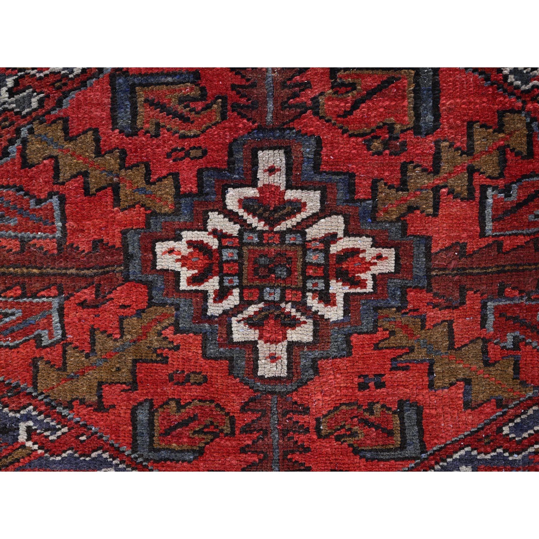 Red Vintage Persian Heriz Design Abrash Geometric Pattern Wool Hand Knotted Rug For Sale 4