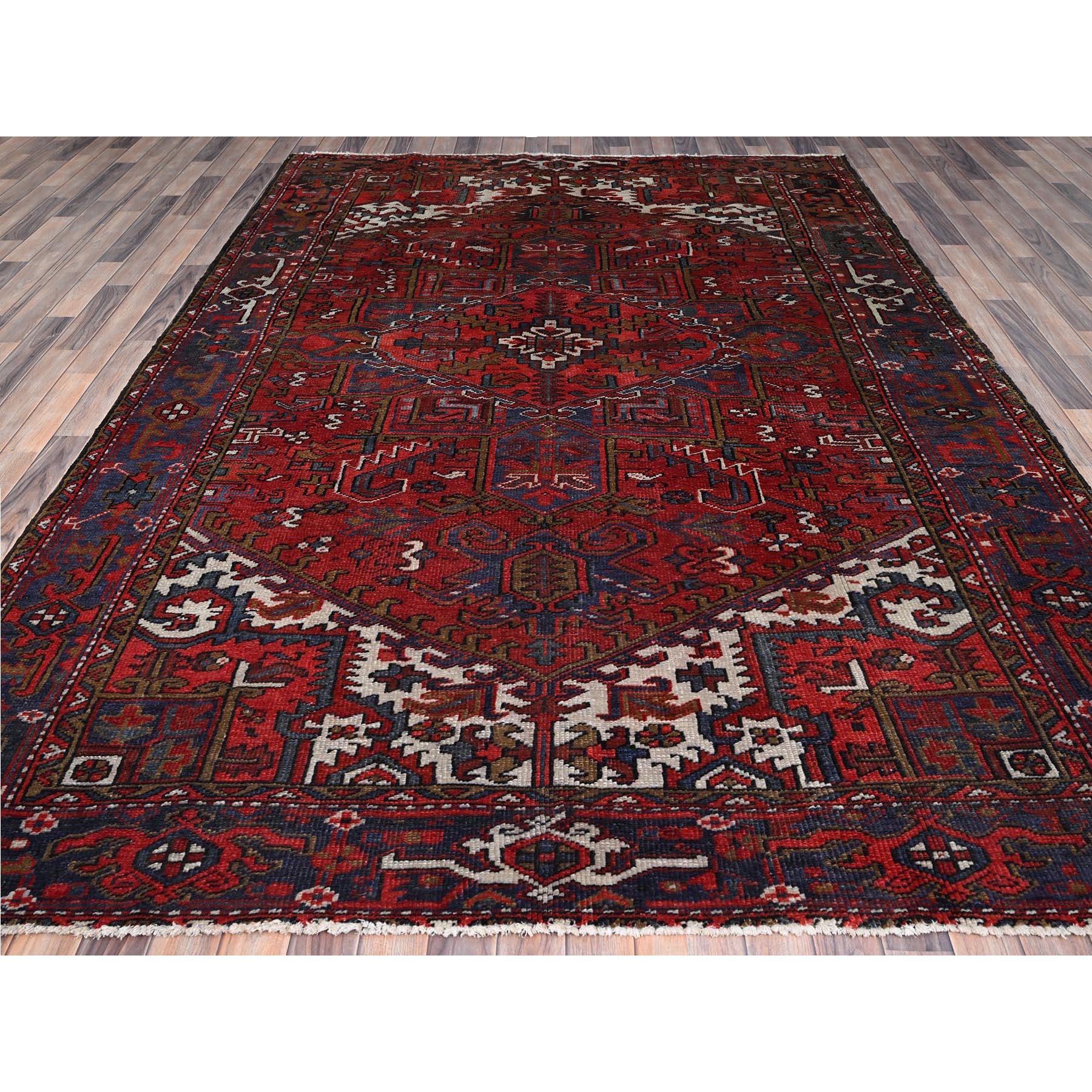 Hand-Knotted Red Vintage Persian Heriz Design Abrash Geometric Pattern Wool Hand Knotted Rug For Sale