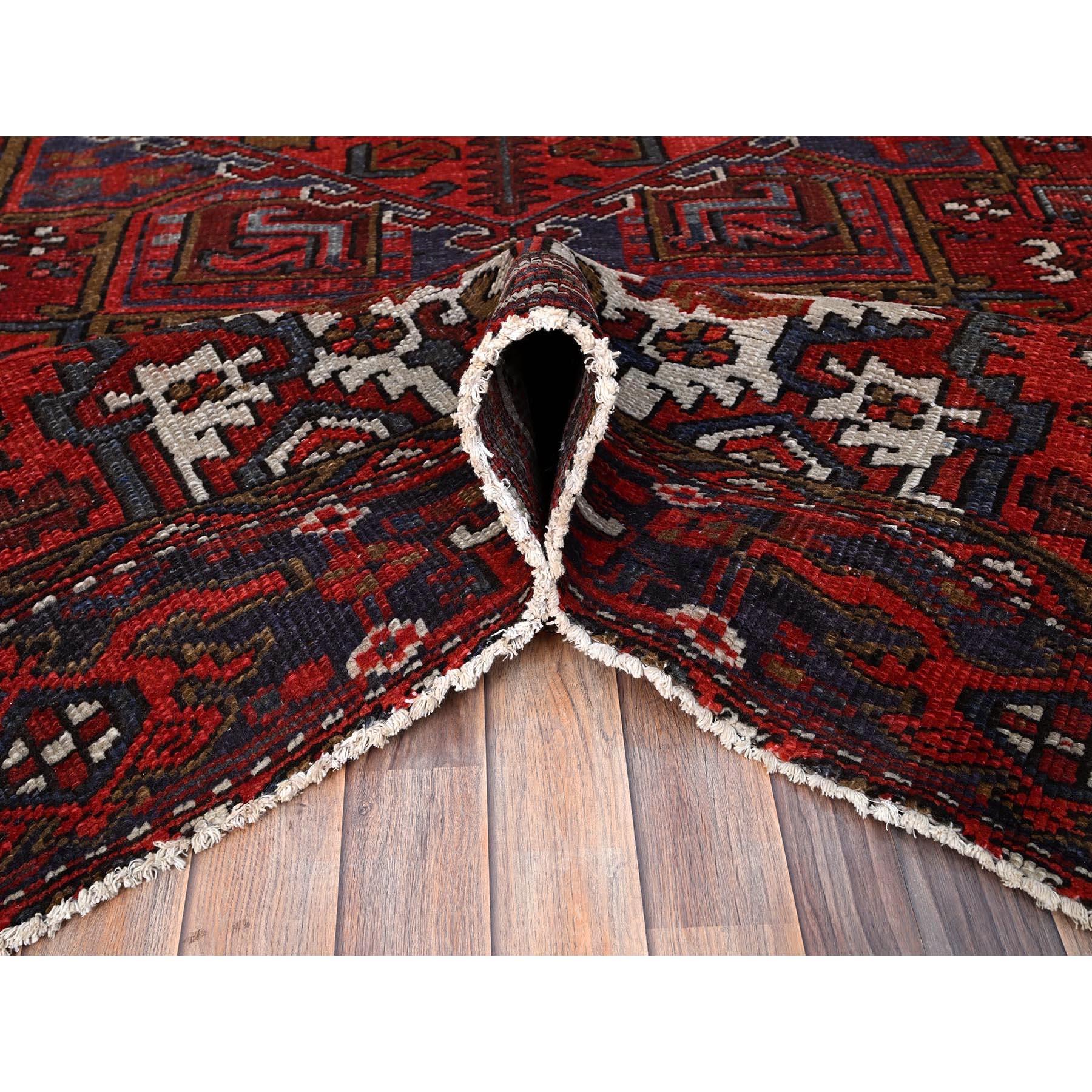 Red Vintage Persian Heriz Design Abrash Geometric Pattern Wool Hand Knotted Rug For Sale 1