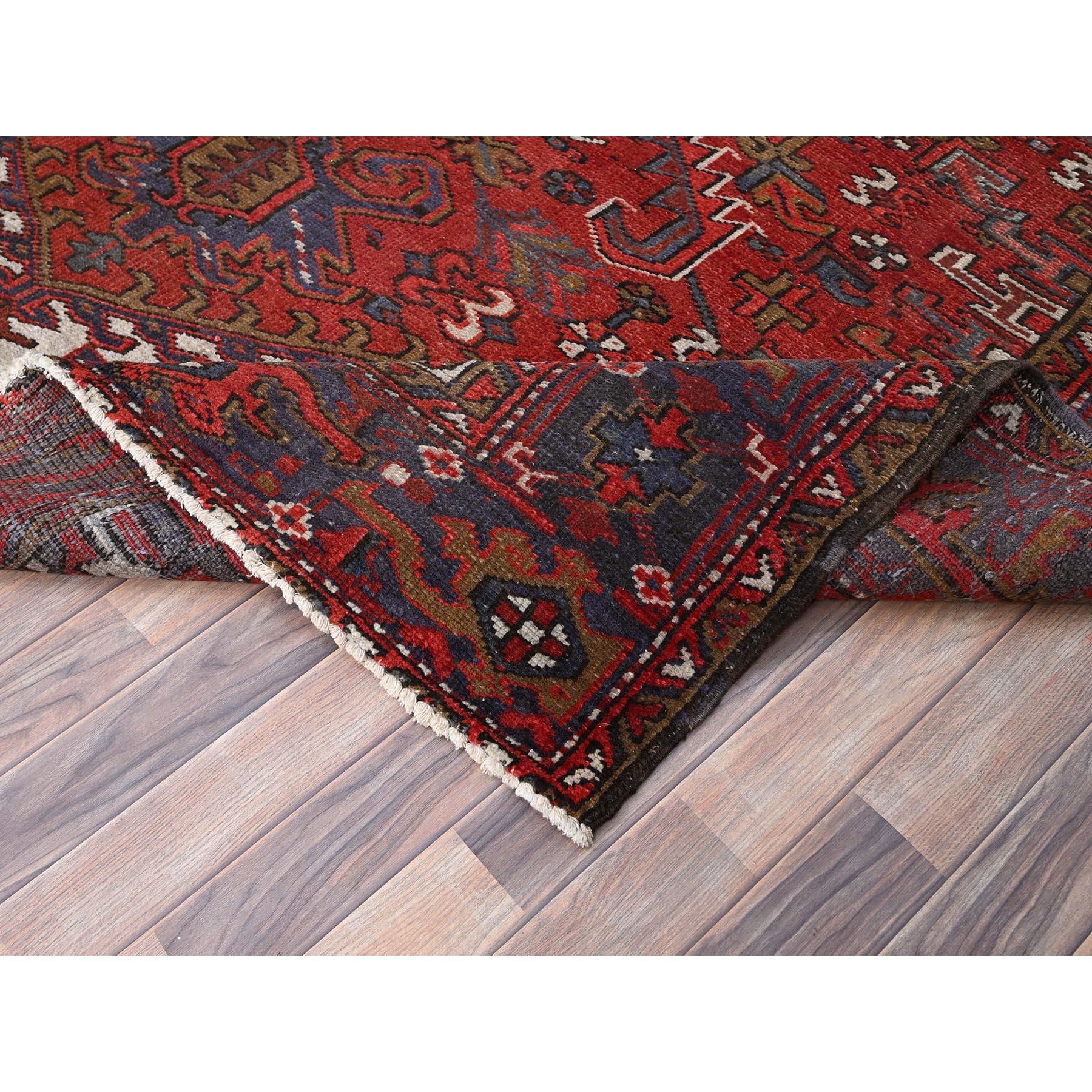 Red Vintage Persian Heriz Design Abrash Geometric Pattern Wool Hand Knotted Rug For Sale 2