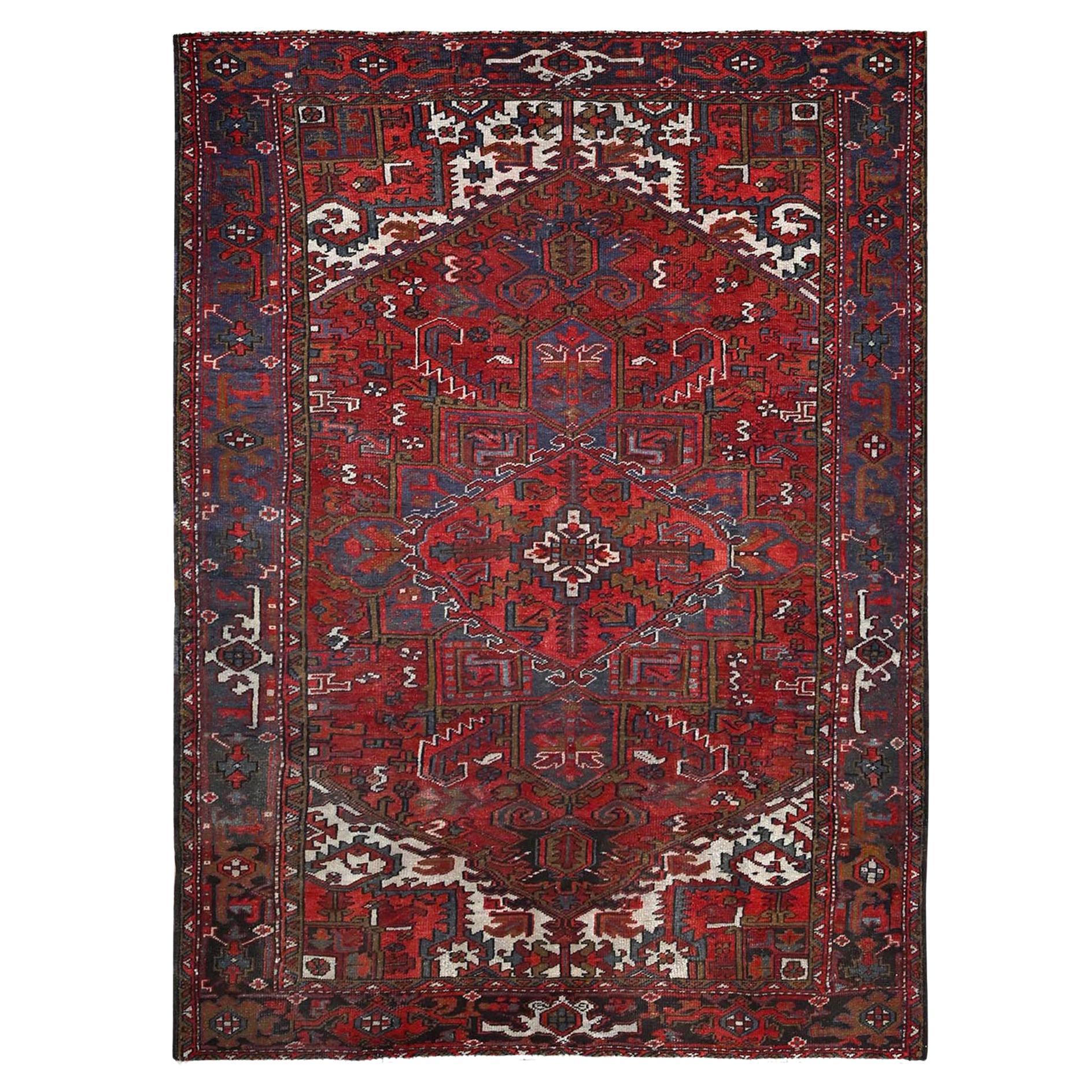 Red Vintage Persian Heriz Design Abrash Geometric Pattern Wool Hand Knotted Rug For Sale