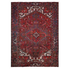 Red Vintage Persian Heriz Design Abrash Geometric Pattern Wool Hand Knotted Rug
