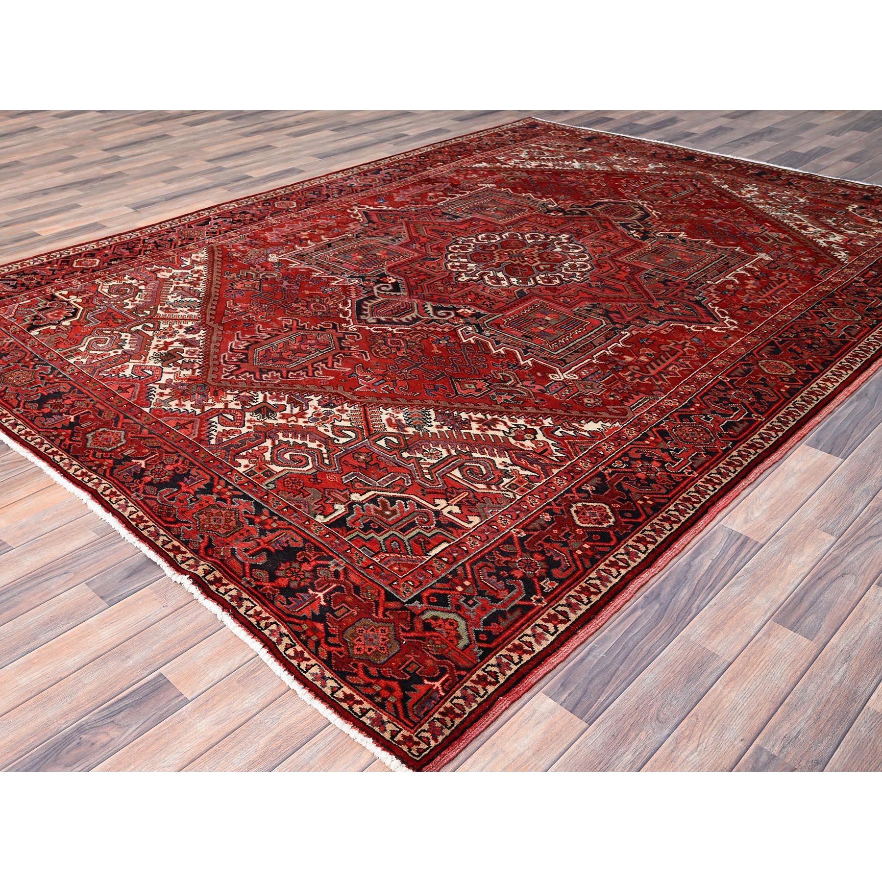 Hand-Knotted Red Vintage Persian Heriz Design Rustic Look Clean Abrash Wool Hand Knotted Rug For Sale