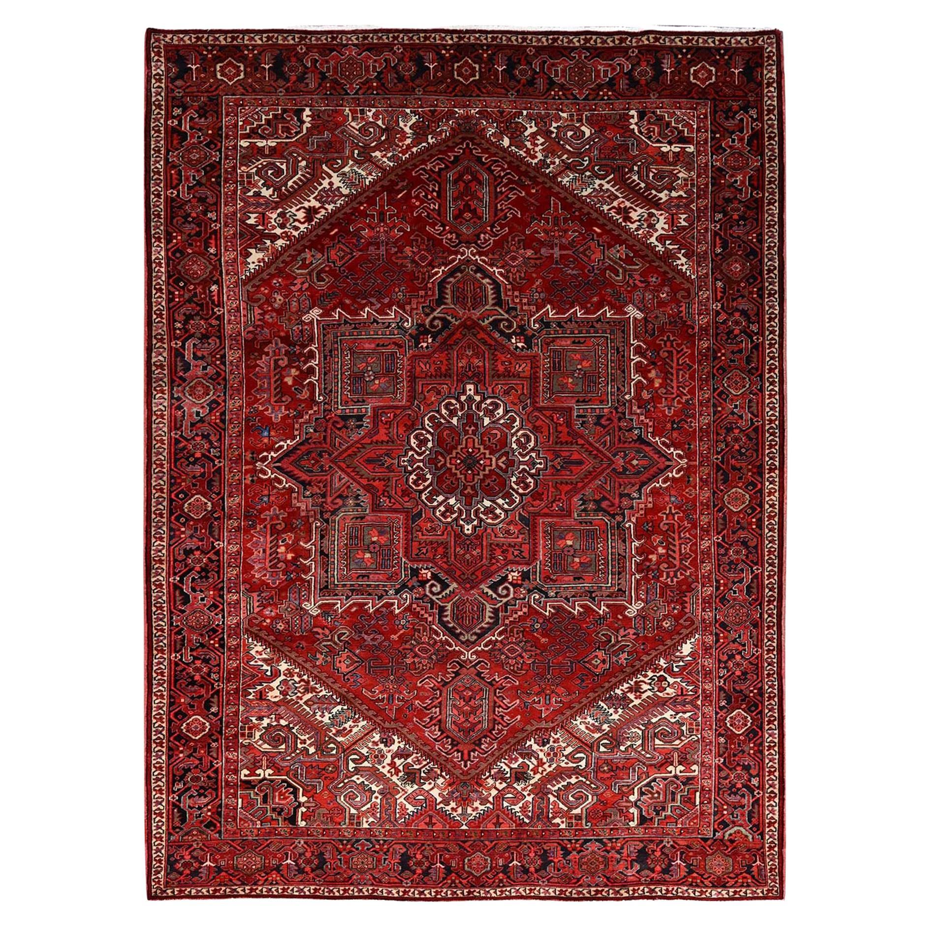 Red Vintage Persian Heriz Design Rustic Look Clean Abrash Wool Hand Knotted Rug For Sale