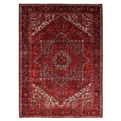 Tapis persan rouge vintage Heriz Design Rustique en laine abrash propre noué à la main