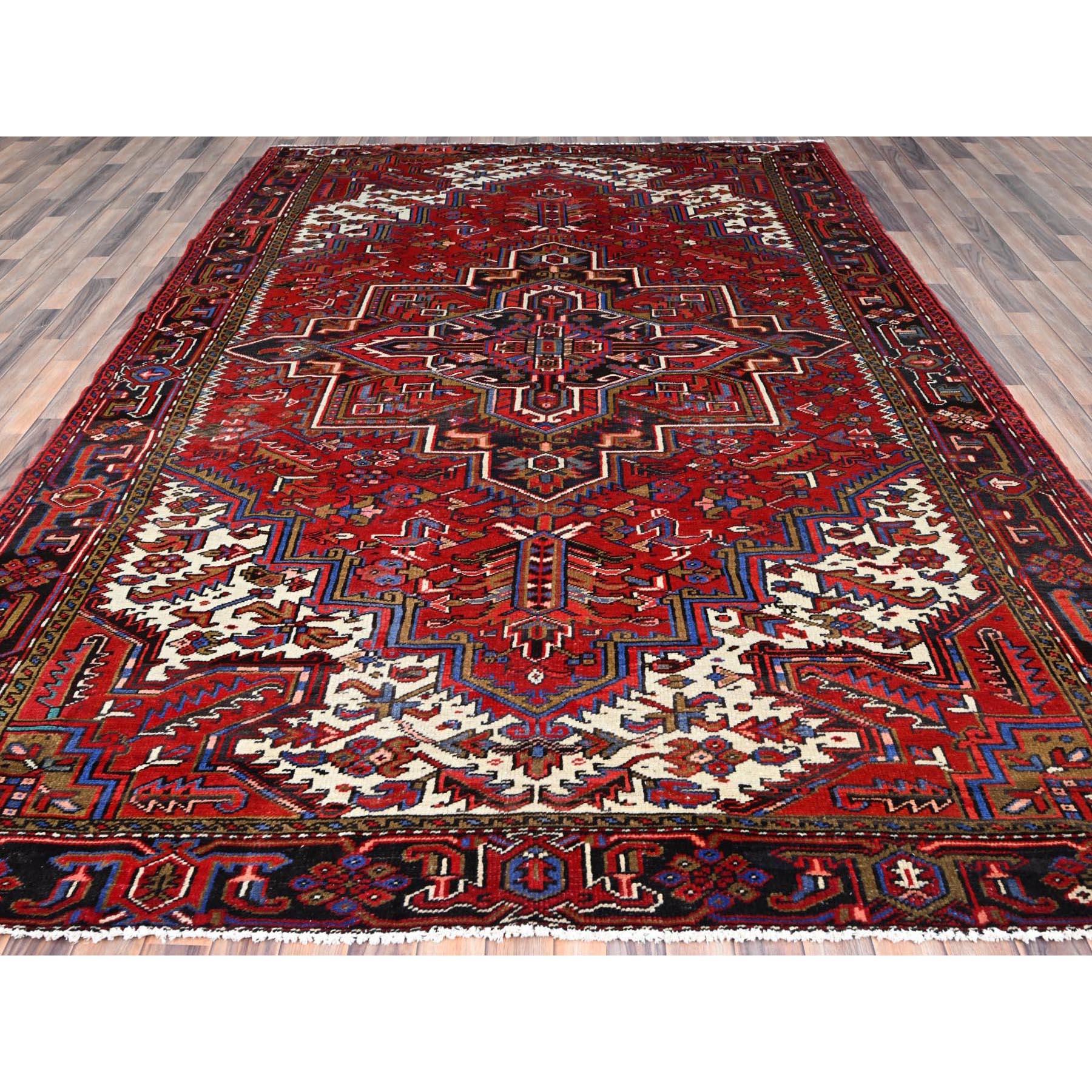 Hand-Knotted Red Vintage Persian Heriz Even Wear Pure Wool Hand Knotted Sides Cleaned Rug For Sale