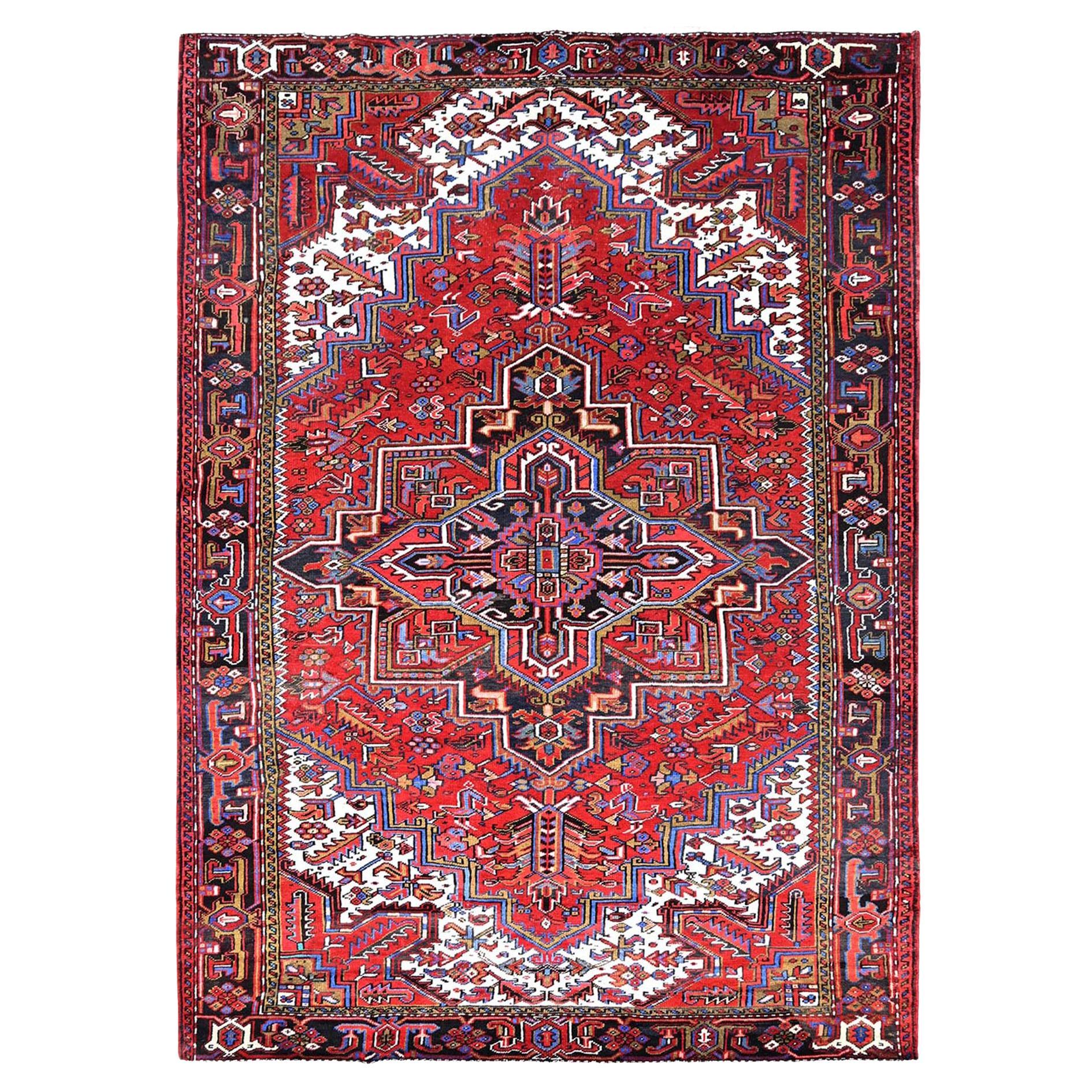 Red Vintage Persian Heriz Even Wear Pure Wool Hand Knotted Sides Cleaned Rug