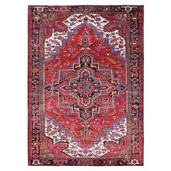 Red Vintage Persian Heriz Even Wear Pure Wool Hand Knotted Sides Cleaned Rug