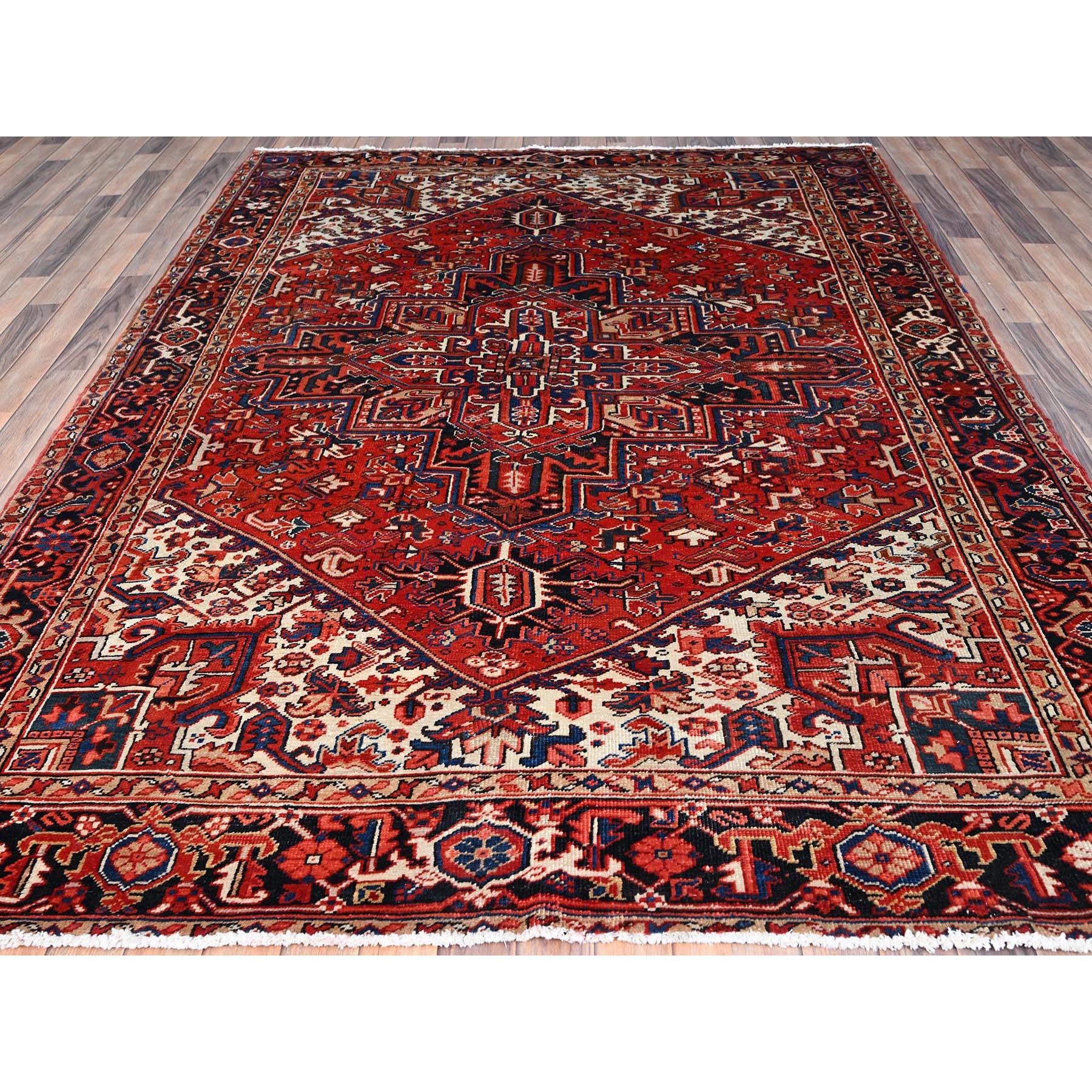 Hand-Knotted Red Vintage Persian Heriz Evenly Worn Pure Wool Hand Knotted Sides Cleaned Rug For Sale