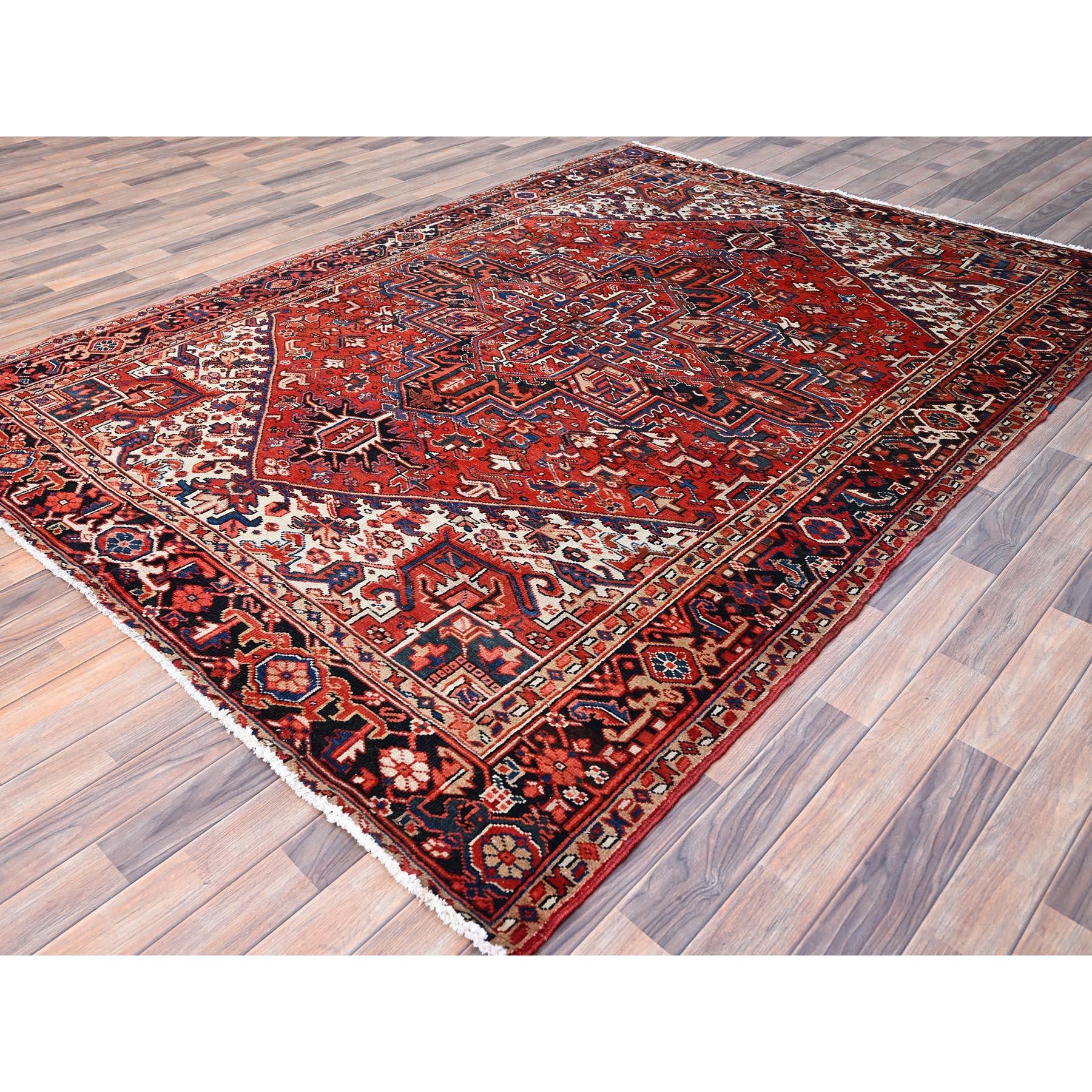 Red Vintage Persian Heriz Evenly Worn Pure Wool Hand Knotted Sides Cleaned Rug In Good Condition For Sale In Carlstadt, NJ