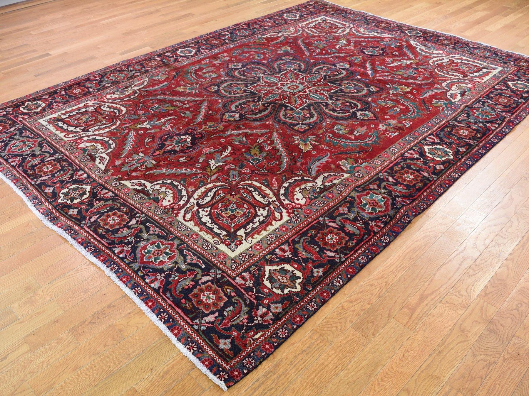 Hand-Knotted Red, Vintage Persian Heriz Flower Design Hand Knotted Oriental Rug, 7'10