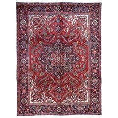 Red, Vintage Persian Heriz Flower Design Hand Knotted Oriental Rug, 7'10" x 10'9"