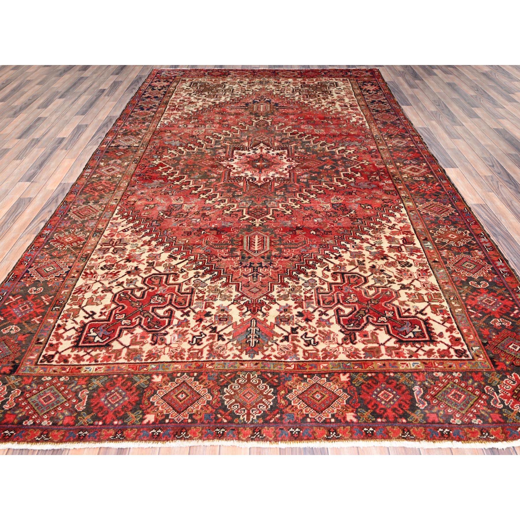 Medieval Red Vintage Persian Heriz Geometric Flower Design Hand Knotted Organic Wool Rug For Sale