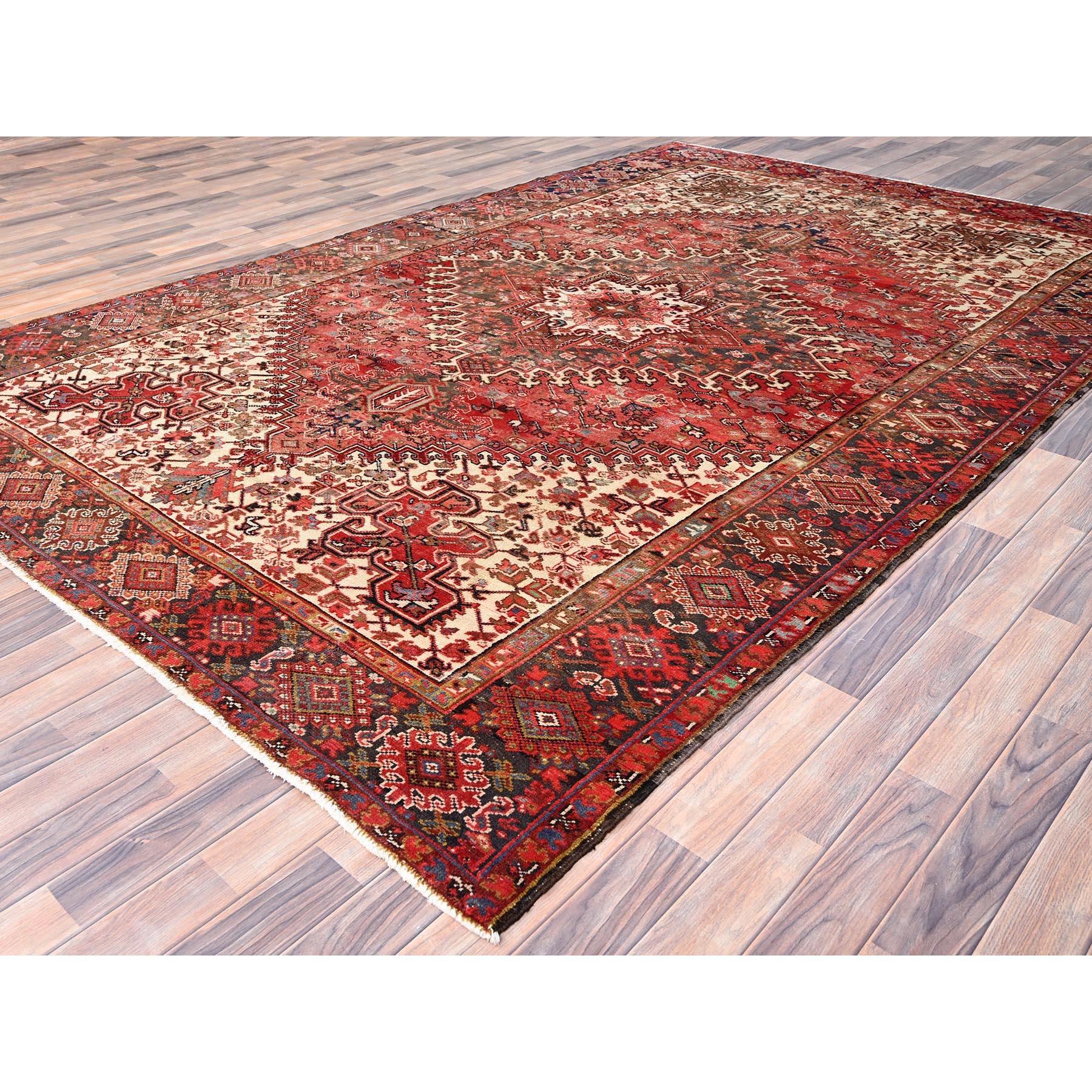 Hand-Knotted Red Vintage Persian Heriz Geometric Flower Design Hand Knotted Organic Wool Rug For Sale