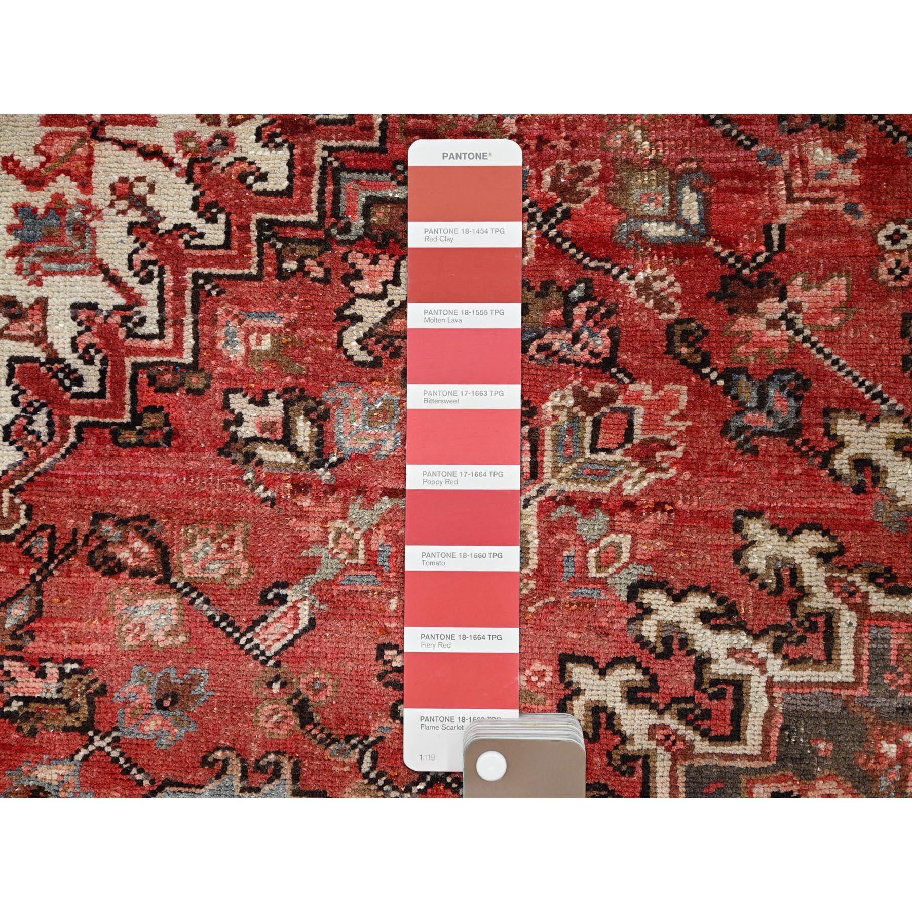Red Vintage Persian Heriz Geometric Flower Design Hand Knotted Organic Wool Rug For Sale 2