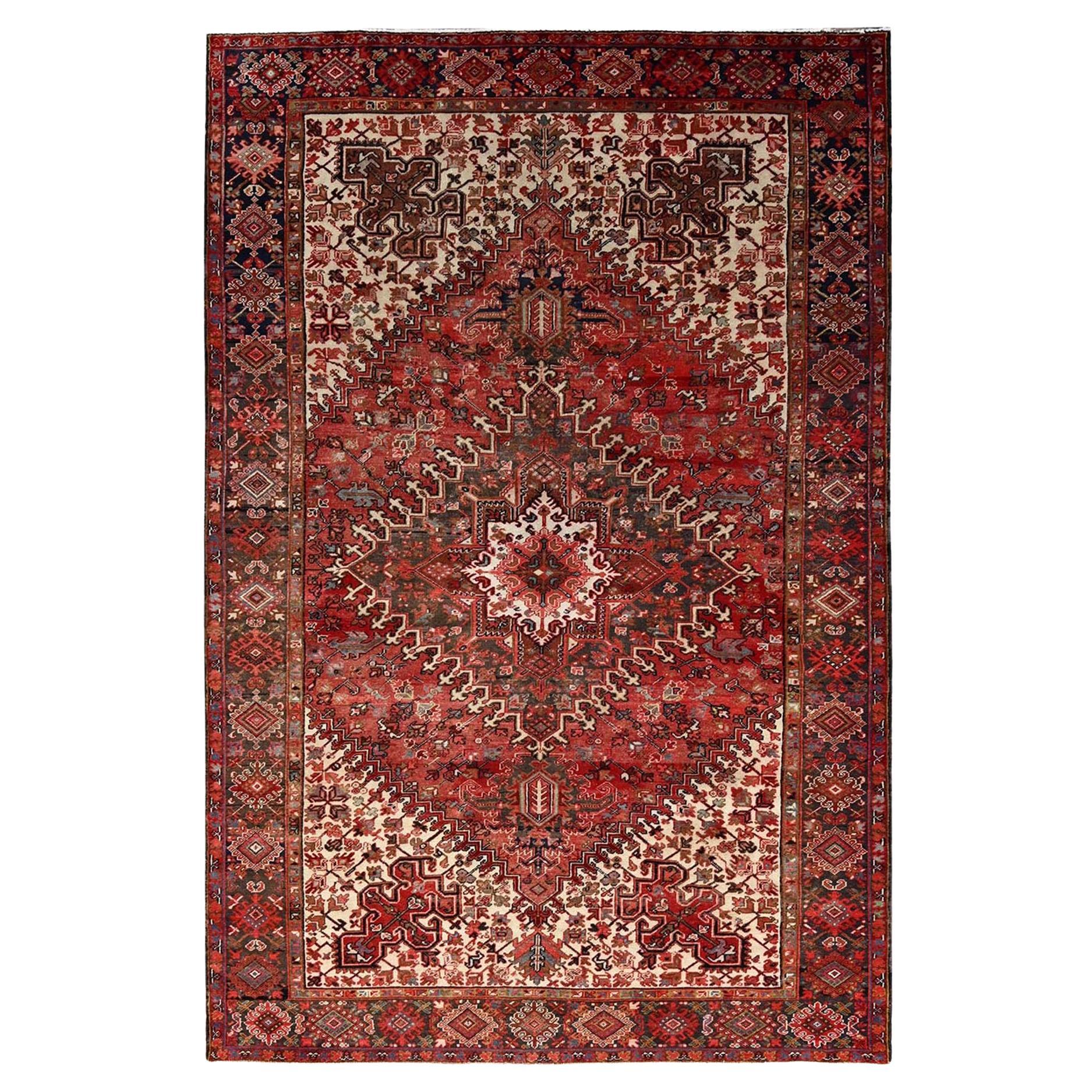 Red Vintage Persian Heriz Geometric Flower Design Hand Knotted Organic Wool Rug For Sale
