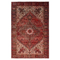 Red Retro Persian Heriz Geometric Flower Design Hand Knotted Organic Wool Rug