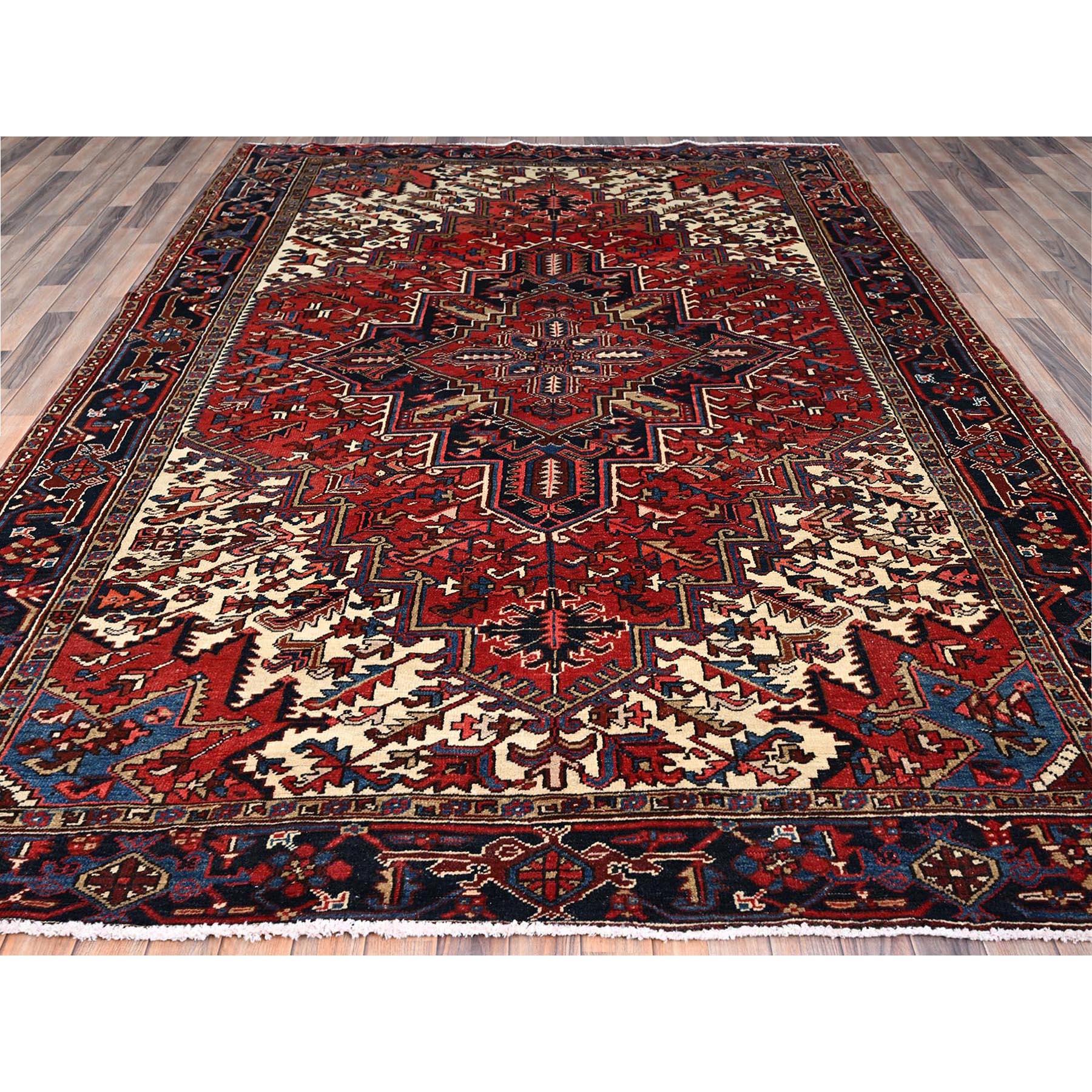 Hand-Knotted Red Vintage Persian Heriz Geometric Medallions Vibrant Wool Hand Knotted Rug For Sale