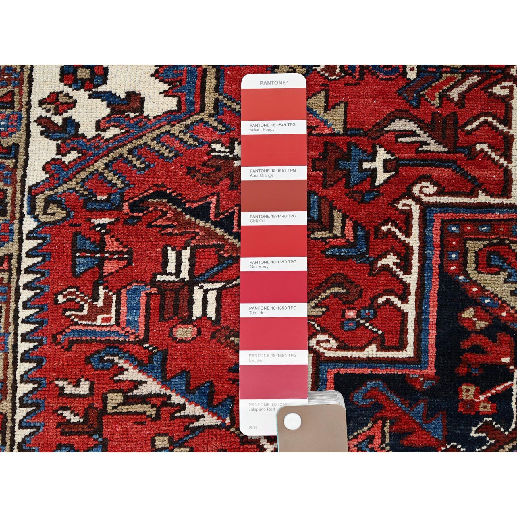 Red Vintage Persian Heriz Geometric Medallions Vibrant Wool Hand Knotted Rug For Sale 3