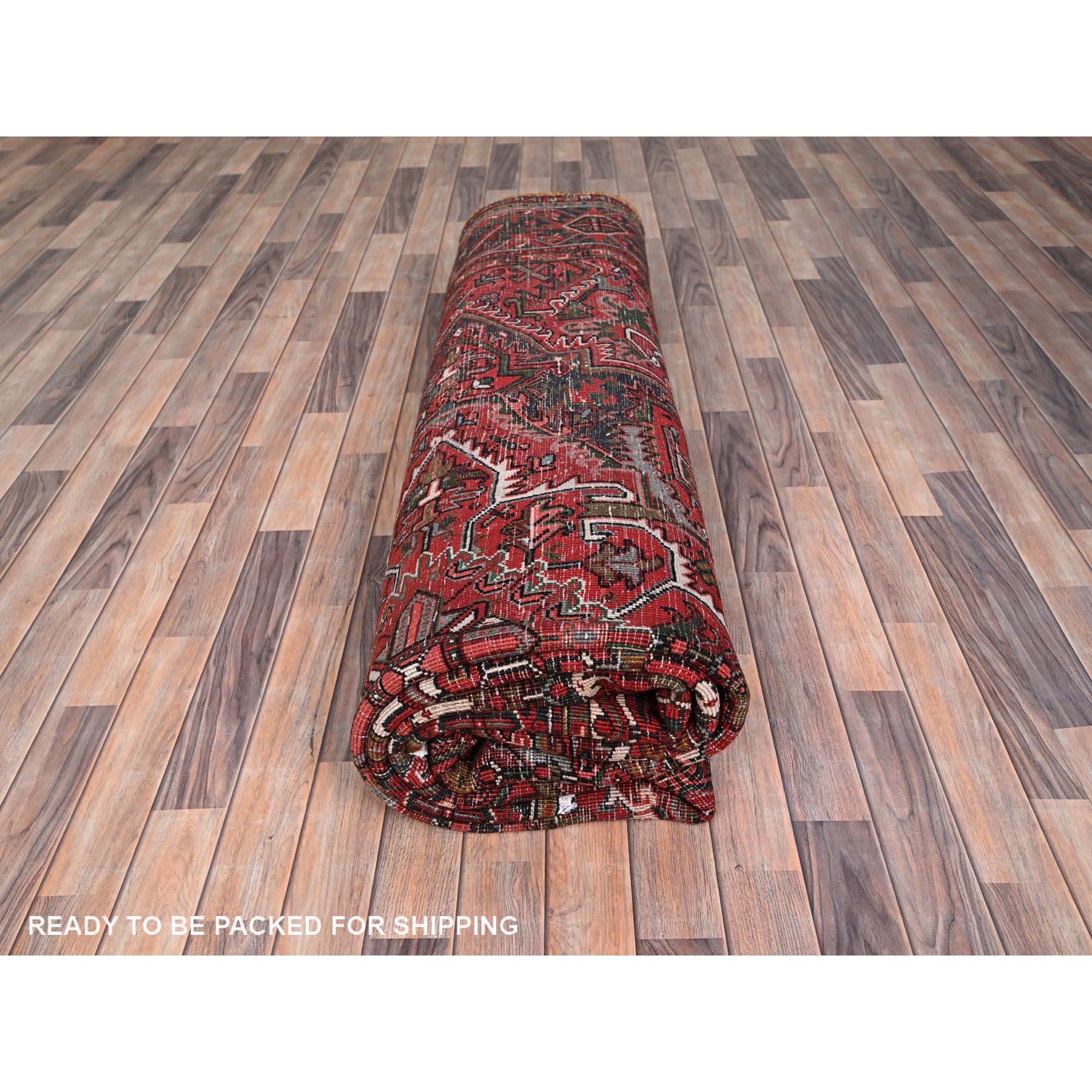 Red Vintage Persian Heriz Good Condition Rustic Feel Worn Wool Hand Knotted Rug For Sale 5