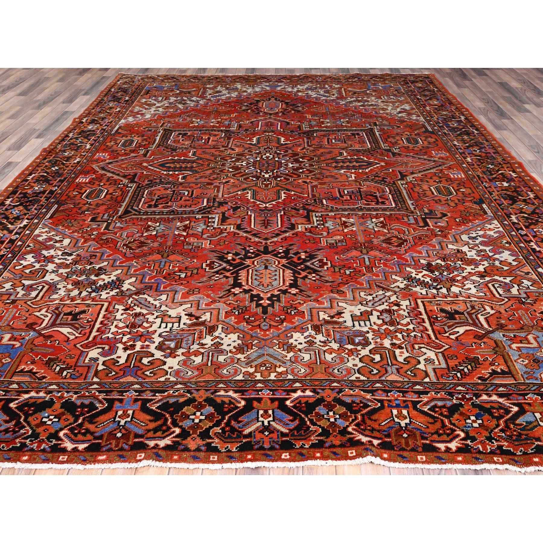 Hand-Knotted Red Vintage Persian Heriz Good Condition Rustic Feel Worn Wool Hand Knotted Rug