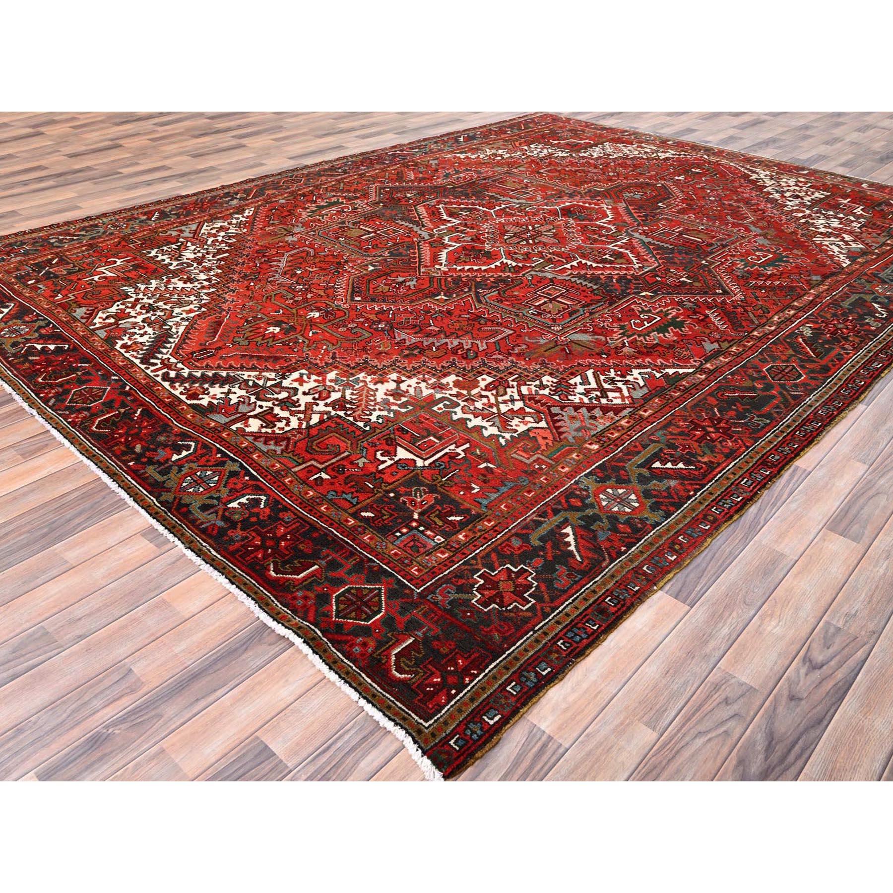 Red Vintage Persian Heriz Good Condition Rustic Feel Worn Wool Hand Knotted Rug In Good Condition For Sale In Carlstadt, NJ