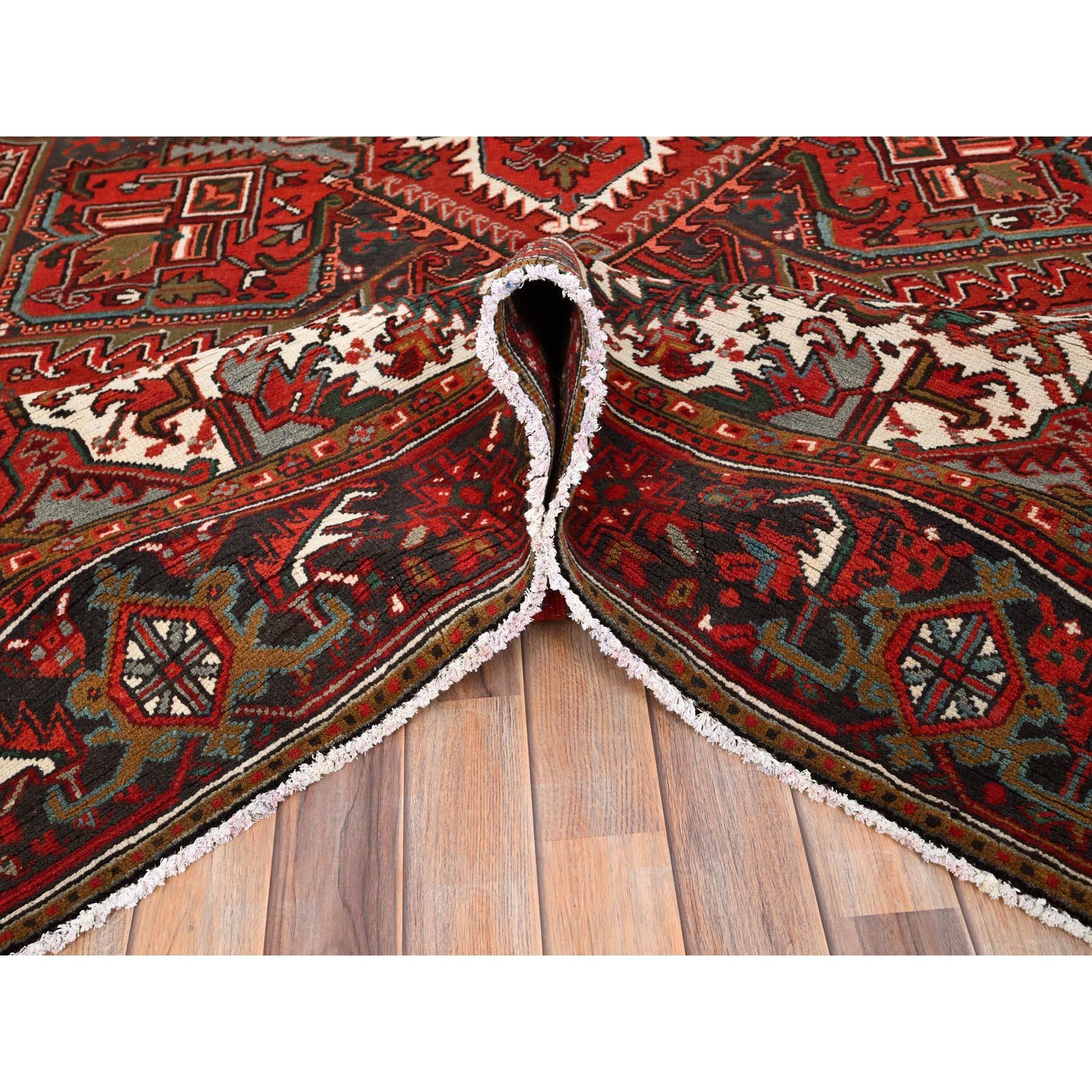 Red Vintage Persian Heriz Good Condition Rustic Feel Worn Wool Hand Knotted Rug For Sale 1